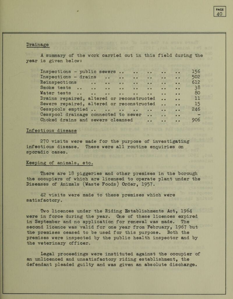 40 Drainage A summary of the work carried out in this field during the year is given belowi Inspections - public sewers 0 0 0 e 0 0 • ® 0 9 15 6 Inspections - drains • © e e 0 0 © 0 9 0 502 Reinspections 0 a • 0 9 0 9 9 a 0 0 o 9 9 612 Smoke tests 0 * 0 a 00 0 9 0 e • • 0 9 38 Water tests ® e 9 0 00 0 0 0 ® « 0 9 • 80 Drains repaired, altered or reconstructed • • 9 0 11 Sewers repaired, altered or reconstructed • 6 O 9 15 Cesspools emptied • e OO 246 Cesspool drainage connected to sewer O 0 O 9 - Choked drains and sewers cleansed • 0 9 9 90 6 Infectious disease 270 visits were made for the purpose of investigating infectious disease,. These were all routine enquiries on sporadic cases. Keeping of animals, etc® There are 18 piggeries and other premises in the borough the occupiers of which are licensed to operate plant under the Diseases of Animals (Waste Poods) Order, 1957» 42 visits were made to these premises which were satisfactory® Two licences under the Riding Establishments Act, 1964 were in force during the year. One of these licences expired in September and no application for renewal was made® The second licence was valid for one year from February, 1967 but the premises ceased to be used for this purpose. Both the premises were inspected by the public health inspector and by the veterinary officer0 Legal proceedings were instituted against the occupier of an unlicenced and unsatisfactory riding establishment, the defendant pleaded guilty and was given an absolute discharge®