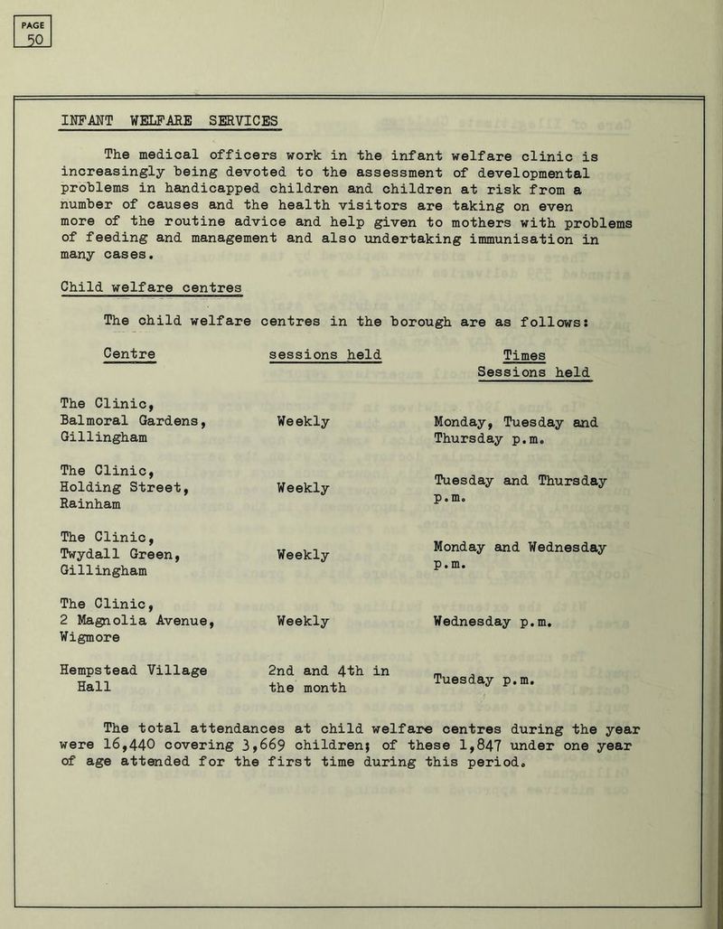 INFANT WELFARE SERVICES _50 The medical officers work in the infant welfare clinic is increasingly being devoted to the assessment of developmental problems in handicapped children and children at risk from a number of causes and the health visitors are taking on even more of the routine advice and help given to mothers with problems of feeding and management and also undertaking immunisation in many cases. Child welfare centres The child welfare centres in the borough are as follows: Centre sessions held Times Sessions held The Clinic, Balmoral Gardens, Gillingham Weekly Monday, Tuesday and Thursday p.m. The Clinic, Holding Street, Rainham Weekly Tuesday and Thursday P • Dio The Clinic, Twydall Green, Gillingham Weekly Monday and Wednesday p.m. The Clinic, 2 Magnolia Avenue, Wigmore Weekly Wednesday p.m. Hempstead Village Hall 2nd and 4th in the month Tuesday p.m. The total attendances at child welfare centres during the year were 16,440 covering 3,669 children; of these 1,847 under one year of age attended for the first time during this period.