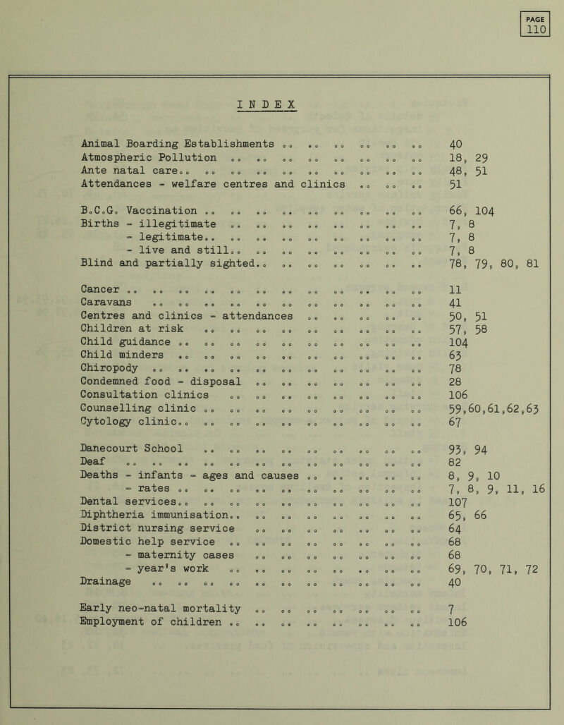110 IN D Animal Boarding Establishments E X O 0 © o 0 o O 0 O 0 40 Atmospheric Pollution © o O o 0 o O 0 o o o o o o 18, 29 Ante natal care». O 0 o o o 0 o o o o O 0 0 o 48, 51 Attendances - welfare centres and clinics o o oo 0 o 51 B.C.G. Vaccination .0 © o 0 « o o o o 0 0 66, 104 Births - illegitimate . . 0 o G O o o 0 o o o o o 7, 8 - legitimate,. 0 © . . . . o . © 0 o o o o 7, 8 - live and still.. o o o o G O O o o o o o O 0 7, 8 Blind and partially sighted.. o o .. • • o o O 0 78, 79, 80, 81 Cancer .e o o O 0 O 0 0 © o o 0 o 11 Caravans © o O 0 0 o o o 0 o O 0 o o 41 Centres and clinics - attendances 0 o o o 0 o o o o o 50, 51 Children at risk O 0 o o o o O 0 o o o o 0 o 57, 58 Child guidance „. 0 0 0 0 0 0 0 o 0 o o o O 0 104 Child minders o o 0 0 0 o o o 0 o O 0 0 o 63 Chiropody „„ 0 0 0 0 O 0 O 0 . 0 o o 0 0 78 Condemned food - disposal o o o © o o o o 0 o o o O 0 28 Consultation clinics o o o o 0 o o o o o o o o o 106 Counselling clinic .. © o O 0 o o o o O 0 o o o o 59,60,61,62,63 Cytology clinic.. O 0 o o O 0 .. o o 0 0 O 0 67 Danecourt School 0 © o o O 0 o o 93, 94 Deaf oo .. .. 00 00 © o 0 o o o o o 0 o o o o o 82 Deaths - infants - ages and causes 0 o o o O 0 o o o o 8, 9, 10 ” 3?£l~fc©S O 0 0 © 0 o © o 0 0 0 o O 0 o o o o O 0 7, 8, 9, 11, 16 Dental services.. 0 0 O 0 0 0 0 o 0 o o o o o 107 Diphtheria immunisation.. 0 0 O Q o o O 0 o o 0 o o o 65, 66 District nursing service o o O 0 0 o o o o o o o o o 64 Domestic help service o o O 0 o o O 0 O 0 o o o o 68 - maternity cases O 0 0 0 o o O 0 o o o o 0 0 68 - year's work o o o o o o O 0 e o o o O 0 69, 70, 71, 72 Drainage 0 o 0 o o o 0 o o o 0 o O 0 40 Early neo-natal mortality O 0 0 o o o 0 o o o O 0 O 0 7 Employment of children .. 106
