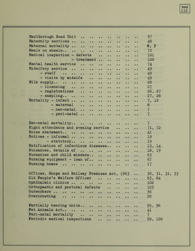 112 Marlborough Road Unit © o 97 Maternity services „. © 0 o © 9 O o © . . 48 Maternal mortality .. o o o © o o . . 0 0 8, ? Meals on wheels.. 0 o o o . . o © © 0 72 Medical inspection - defects . . © o O 0 . . 0 0 101 - treatment © 0 © © « © © o 0 0 100 Mental health service 0 o © o o o 0 o © 0 74 Midwifery service o o o o o o o o 0 0 49 “ S'tcl.f'.ir 0 © oo © © oo o o o o o o o o 0 0 49 - visits by midwife o o O 0 O 0 0 o 0 0 49 Milk supply.. © o o o o © . . 0 0 28 - licensing 0 © © © 0 o . . © 0 27 - registrations o « o o . . O 0 0 0 26, 27 * sampling* * © o o © <> © o o o o o o © o 0 © 27, 28 Mortality - infant .. o o O 9 . . © o 0 © 7, 12 - maternal o o 0 © 9 © o o 0 0 8 - neo-natal © 0 o o o o o o 0 0 7 - peri-natal .. o o o o 9 9 o © 0 0 7 Neo-natal mortality.. © 0 0 © 0 0 7 Night attendance and evening service O 0 . . 0 0 71, 72 Noise abatement.. .. 0 © o o 0 © 0 o 0 0 41 Notices - informal .. o o 0 o 0 0 o o 9 O 19 - statutory.. 0 o o o o o o o © 0 19 Notification of infectious diseases 0 o o o o o 0 0 13, 14 Nuisances, details of o o O 0 © o o o 0 0 18, 19 Nurseries and child minders.. O 0 © o 0 o 0 0 0 0 63 Nursing equipment - loan of.. © o © o o o O 0 9 © 67 Nursing homes o o o o o o .. 0 0 17 Offices, Shops and Railway Premises Act , 1963 0 0 30, 31, 32, 33 Old People's Welfare Officer • © o o © © 0 0 9 © 83, 84 Ophthalmic clinics .. 0 0 O 9 o o 0 0 0 0 102 Orthopaedic and postural defects o o o o 0 0 0 0 103 Outworkers .. 0 o 0 0 O 0 0 0 0 0 36 Overcrowding .. o o O 0 O 0 0 0 0 0 20 Partially hearing units.. O 0 0 o 0 © 0 0 0 © 95, 96 Pet Animals Act.. o o o o o o 0 0 0 0 41 Peri-natal mortality o o o © o o 0 0 0 0 7 Periodic medical inspections 99, 100