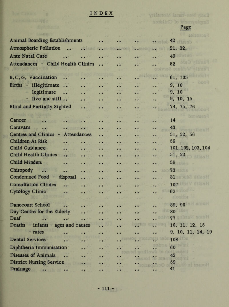 INDEX Animal Boarding Establishments Page 42 Atmospheric Pollution .. 21, 32, Ante Natal Care .. 49 Attendances - Child Health Clinics 52 B.C.G. Vaccination .. ,, 61, 105 Births - illegitimate . .. 9, 10 - legitimate .. 9, 10 - live and still ., .. 9, 10, 15 Blind and Partially Sighted •• 74, 75, 76 Cancer . # 14 Caravans # ♦ 43 Centres and Clinics - Attendances 51, 52, 56 Children At Risk ., 56 Child Guidance ,. 101,102,103,104 Child Health Clinics •« 51, 52 Child Minders .. 58 Chiropody .. 73 Condemned Food - disposal .. 31 Consultation Clinics ., 107 Cytology Clinic • • 62 Danecourt School .. 89, 90 Day Centre for the Elderly .. 80 Deaf .. 77 Deaths - infants - ages and causes 10, 11, 12, 15 - rates • • 9, 10, 11, 14, 19 Dental Services •. 108 Diphtheria Immunisation .. 60 Diseases of Animals ,. 42 District Nursing Service . • 59 Drainage .. 41 - Ill -