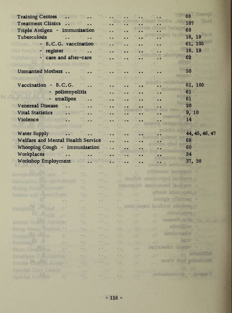 Training Centres 68 Treatment Clinics .. 107 Triple Antigen - immunisation - - 60 Tuberculosis .. 18, 19 - B.C.G. vaccination .. 61, 105 - register .. 18, 19 - care and after-care *• 62 Unmarried Mothers .. 50 Vaccination - B.C.G. 9 m • 0- 61, 105 - poliomyelitis .. • 0 61 - smallpox »» 0 0 61 Venereal Disease . • 0 0 20 Vital Statistics ., 0 0 9, 10 Violence •• 0 0 14 W ater Supply .. 0 0 44,45,46,47 Welfare and Mental Health Service .. • • 08 Whooping Cough - immunisation .. • • 60 Workplaces •. • • 34 Workshop Employment ♦ - • • 37, 38