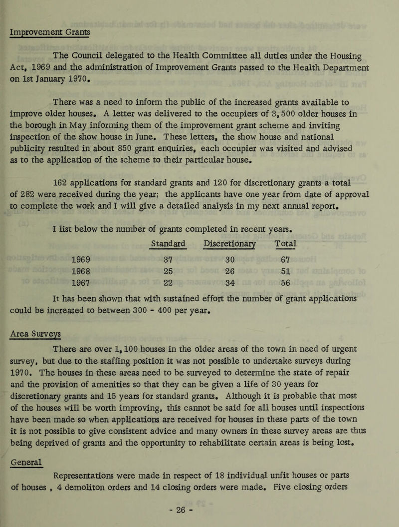 Improvement Grants The Council delegated to the Health Committee all duties under the Housing Act, 1969 and the administration of Improvement Grants passed to the Health Department on 1st January 1970. There was a need to inform the public of the increased grants available to improve older houses. A letter was delivered to the occupiers of 3,500 older houses in the borough in May informing them of the improvement grant scheme and inviting inspection of the show house in June. These letters, the show house and national publicity resulted in about 850 grant enquiries, each occupier was visited and advised as to the application of the scheme to their particular house. 162 applications for standard grants and 120 for discretionary grants a total of 282 were received during the year; the applicants have one year from date of approval to complete the work and I will give a detailed analysis in my next annual report. I list below the number of grants completed in recent years. Standard Discretionary Total 1969 37 30 67 1968 25 26 51 1967 22 34 56 It has been shown that with sustained effort the number of grant applications could be increased to between 300 - 400 per year. Area Surveys There are over 1,100 houses in the older areas of the town in need of urgent survey, but due to the staffing position it was not possible to undertake surveys during 1970. The houses in these areas need to be surveyed to determine the state of repair and the provision of amenities so that they can be given a life of 30 years for discretionary grants and 15 years for standard grants. Although it is probable that most of the houses will be worth improving, this cannot be said for all houses until inspections have been made so when applications are received for houses in these parts of the town it is not possible to give consistent advice and many owners in these survey areas are thus being deprived of grants and the opportunity to rehabilitate certain areas is being lost. General Representations were made in respect of 18 individual unfit houses or parts of houses , 4 demoliton orders and 14 closing orders were made. Five closing orders
