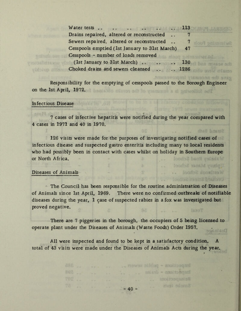 Water tests 113 Drains repaired, altered or reconstructed .. 7 Sewers repaired, altered or reconstructed .. 7 Cesspools emptied (1st January to 31st March) 47 Cesspools “ number of loads removed (1st January to 31st March) 130 Choked drains and sewers cleansed .. .. 1286 Responsibility for the emptying of cesspools passed to the Borough Engineer on the 1st April, 1972. Infectious Disease c- 7 cases of infective hepatitis were notified during the year compared with 4 cases in 1971 and 40 in 1970. 126 visits were made for the purposes of investigating notified cases of infectious disease and suspected gastro enteritis including many to local residents who had possibly been in contact with cases whilst on holiday in Southern Europe or North Africa. Diseases of Animals ' ; ' The Council has been responsible for the routine administration of Diseases of Animals since 1st April, 1969. There were no confirmed outbreaks of notifiable diseases during the year, 1 case of suspected rabies in a fox was investigated but proved negative. There are 7 piggeries in the borough, the occupiers of 5 being licensed to operate plant under the Diseases of Animals (Waste Foods) Order 1957. All were inspected and found to be kept in a satisfactory condition. A total of 43 visits were made under the Diseases of Animals Acts during the year.