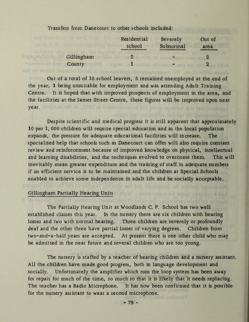 Transfers from Danecourt to other schools included: Residential Severely Out of school Subnormal area Gillingham 2 2 County 1 - 2 Out of a total of 15 school leavers, 5 remained unemployed at the end of the year, J being unsuitable for employment and was attending Adult Training Centre. It is hoped that with improved prospects of employment in the area, and the facilities at the James Street Centre, these figures will be improved upon next year. Despite scientific and medical progress it is still apparent that approximately 10 per 1, 000 children will require special education and as the local population expands, the pressure for adequate educational facilities will increase. The specialised help that schools such as Danecourt can offer will also require constant review and reinforcement because of improved knowledge on physical, intellectual and learning disabilities, and the techniques evolved to overcome them. This will inevitably mean greater expenditure and the training of staff in adequate numbers if an efficient service is to be maintained and the children at Special Schools enabled to achieve some independence in adult life and be socially acceptable. Gillingham Partially Hearing Units The Partially Hearing Unit at Woodlands C. P. School has two well established classes this year. In the nursery there are six children with hearing losses and two with normal hearing. Three children are severely or profoundly deaf and the other three have partial losses of varying degrees. Children from two-and-a-half years are accepted. At present there is one other child who may be admitted in the near future and several children who are too young. The nursery is staffed by a teacher of hearing children and a nursery assistant. All the children have made good progress, both in language development and socially. Unfortunately the amplifier which runs the loop system has been away for repair for much of the time, so much so that it is likely that it needs replacing. The teacher has a Radio Microphone. It has now been confirmed that it is possible for the nursery assistant to wear a second microphone.