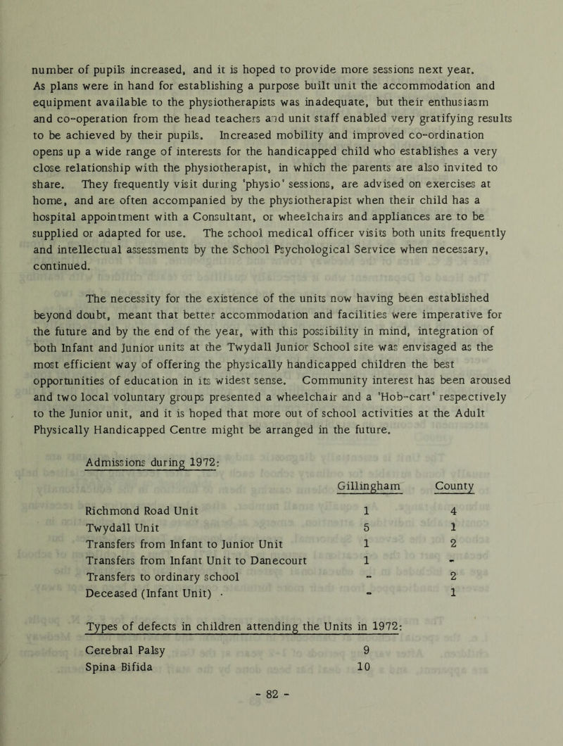 number of pupils increased, and it is hoped to provide more sessions next year. As plans were in hand for establishing a purpose built unit the accommodation and equipment available to the physiotherapists was inadequate, but their enthusiasm and co-operation from the head teachers and unit staff enabled very gratifying results to be achieved by their pupils. Increased mobility and improved co-ordination opens up a wide range of interests for the handicapped child who establishes a very close relationship with the physiotherapist, in which the parents are also invited to share. They frequently visit during ’physio sessions, are advised on exercises at home, and are often accompanied by the physiotherapist when their child has a hospital appointment with a Consultant, or wheelchairs and appliances are to be supplied or adapted for use. The school medical officer visits both units frequently and intellectual assessments by the School Psychological Service when necessary, continued. The necessity for the existence of the units now having been established beyond doubt, meant that better accommodation and facilities were imperative for the future and by the end of the year, with this possibility in mind, integration of both Infant and Junior units at the Twydall Junior School site was envisaged as the most efficient way of offering the physically handicapped children the best opportunities of education in its widest sense. Community interest has been aroused and two local voluntary groups presented a wheelchair and a Hob-cart respectively to the Junior unit, and it is hoped that more out of school activities at the Adult Physically Handicapped Centre might be arranged in the future. Admissions during 1972; Gillingham County Richmond Road Unit 14 Twydall Unit 5 1 Transfers from Infant to Junior Unit 1 2 Transfers from Infant Unit to Danecourt 1 Transfers to ordinary school - 2 Deceased (Infant Unit) • ° 1 Types of defects in children attending the Units in 1972: Cerebral Palsy 9 Spina Bifida 10