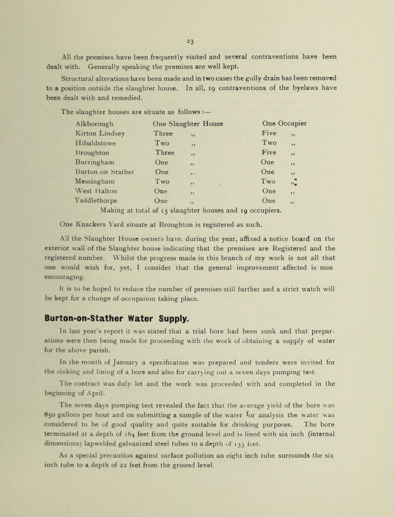 All the premises have been frequently visited and several contraventions have been dealt with. Generally speaking the premises are well kept. Structural alterations have been made and in two cases the gully drain has been removed to a position outside the slaughter house. In all, ig contraventions of the byelaws have been dealt with and remedied. The slaughter houses are situate as follows Alkborough One Slaughter House One Occupier Kirton Lindsey Three ,, Five ,, Hibaldstowe Tw'o Two ,, llroughton Three ,, Five ,, Burringham One ,, One ,, Burton-on Stather One One ,, Messingham Two ,, Two „l West Hal ton One ,, One ,, Yaddlethorpe One ,, One ,, Making at total of 15 slaughter houses and 19 occupiers. One Knackers Yard situate at Broughton is registered as such. All the Slaughter House owners have, during the year, affixed a notice board on the exterior wall of the Slaughter house indicating that the premises are Registered and the registered number. Whilst the progress made in this branch of my work is not all that one would wish for, yet, I consider that the general improvement affected is mos encouraging. It is to be hoped to reduce the number of premises still further and a strict watch will be kept for a change of occupation taking place. Burton-on-Stather Water Supply. In last year’s report it was stated that a trial bore had been sunk and that prepar- ations were then being made for proceeding with the work of obtaining a supply of water for the above parish. In the month of January a specification was prepared and tenders were invited for the sinking and lining of a bore and also for carr)ing out a seven days pumping test. The contract was duly let and the work was proceeded with and completed in the beginning of April. The seven days pumping test revealed the fact that the average yield of the bore was 850 gallons per hour and on submitting a sample of the water for analysis the water was considered to be of good quality and quite suitable for drinking purposes. The bore terminated at a depth of 164 feet from the ground level and is lined with six inch (internal dimensions) lapwelded galvanized steel tubes to a depth of 135 feet. As a special precaution against surface pollution an eight inch tube surrounds the six inch tube to a depth of 22 feet from the ground level.