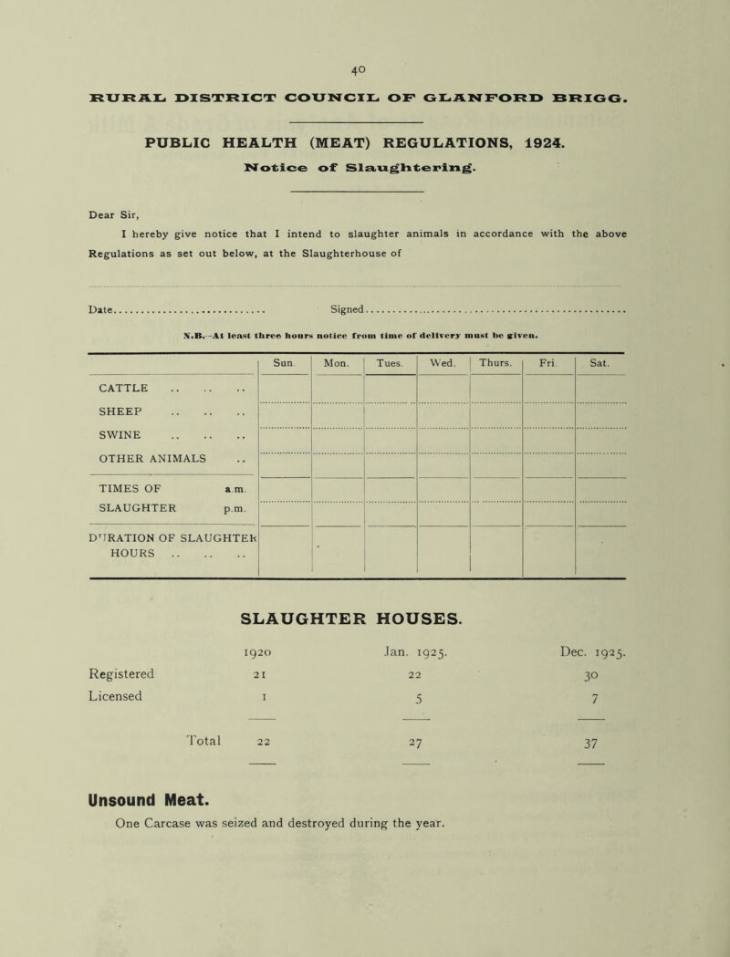 RXJRAlLi OISTRICT COXJNCII- OF GX^ANFORD BRIGG. PUBLIC HEALTH (MEAT) REGULATIONS, 1924. Notiice of Slsi.i:tgli4iex>in^. Dear Sir, I hereby give notice that I intend to slaughter animals in accordance with the above Regulations as set out below, at the Slaughterhouse of Date Signed N.B. -At least three hours notice froni time of delivery must be Klven. Sun. Mon. Tues. Wed. Thurs. Fri. Sat. CATTLE SHEEP SWINE OTHER ANIMALS TIMES OF a m. SLAUGHTER p.m. DURATION OF SLAUGHTEh HOURS • SLAUGHTER HOUSES. Registered Licensed Total 22 27 1920 21 I Jan. 1925. 22 5 Unsound Meat. One Carcase was seized and destroyed during the year. Dec. 1925. 30 7 37