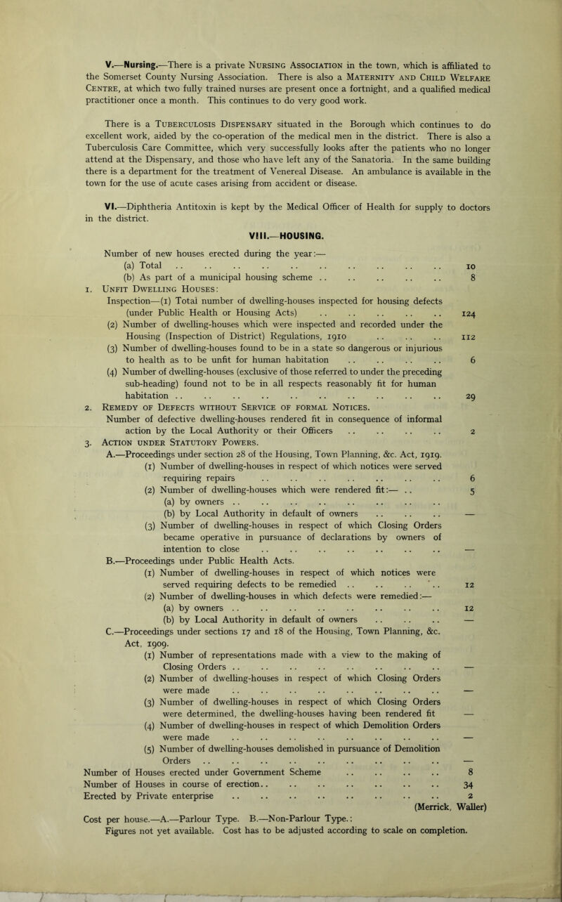 the Somerset County Nursing Association. There is also a Maternity and Child Welfare Centre, at which two fully trained nurses are present once a fortnight, and a qualified medical practitioner once a month. This continues to do very good work. There is a Tuberculosis Dispensary situated in the Borough which continues to do excellent work, aided by the co-operation of the medical men in the district. There is also a Tuberculosis Care Committee, which very successfully looks after the patients who no longer attend at the Dispensary, and those who have left any of the Sanatoria. In the same building there is a department for the treatment of Venereal Disease. An ambulance is available in the town for the use of acute cases arising from accident or disease. VI.—Diphtheria Antitoxin is kept by the Medical Officer of Health for supply to doctors in the district. VIII.—HOUSING. Number of new houses erected during the year:— (a) Total .. .. .. .. .. .. .. .. .. .. io (b) As part of a municipal housing scheme .. .. .. .. .. 8 1. Unfit Dwelling Houses: Inspection—(i) Total number of dwelling-houses inspected for housing defects (under Public Health or Housing Acts) . . . . .. .. .. 124 (2) Number of dwelling-houses which were inspected and recorded under the Housing (Inspection of District) Regulations, 1910 .. .. .. 112 (3) Number of dwelling-houses found to be in a state so dangerous or injurious to health as to be unfit for human habitation . . .. . . .. 6 (4) Number of dwelling-houses (exclusive of those referred to under the preceding sub-heading) found not to be in all respects reasonably fit for human habitation .. .. .. .. .. .. .. .. .. .. 29 2. Remedy of Defects without Service of formal Notices. Number of defective dwelling-houses rendered fit in consequence of informal action by the Local Authority or their Officers .. .. .. .. 2 3. Action under Statutory Powers. A. —Proceedings under section 28 of the Housing, Town Planning, &c. Act, 1919. (1) Number of dwelling-houses in respect of which notices were served requiring repairs .. .. .. .. .. .. .. 6 (2) Number of dwelling-houses which were rendered fit:— .. 5 (a) by owners (b) by Local Authority in default of owners .. .. .. — (3) Number of dwelling-houses in respect of which Closing Orders became operative in pursuance of declarations by owners of intention to close .. .. .. .. .. .. .. — B. —Proceedings under Public Health Acts. (1) Number of dwelling-houses in respect of which notices were served requiring defects to be remedied .. .. .. .. 12 (2) Number of dwelling-houses in which defects were remedied:— (a) by owners .. .. .. .. .. .. .. .. 12 (b) by Local Authority in default of owners .. .. .. — C. —Proceedings under sections 17 and 18 of the Housing, Town Planning, &c. Act, 1909. (1) Number of representations made with a view to the making of Closing Orders .. .. .. .. .. .. .. .. — (2) Number of dwelling-houses in respect of which Closing Orders were made .. .. .. .. .. .. .. .. — (3) Number of dwelling-houses in respect of which Closing Orders were determined, the dwelling-houses having been rendered fit — (4) Number of dwelling-houses in respect of which Demolition Orders were made .. .. .. .. .. .. .. .. — (5) Number of dwelling-houses demolished in pursuance of Demolition Orders .. .. .. .. .. .. .. .. .. — Number of Houses erected under Government Scheme .. .. .. .. 8 Number of Houses in course of erection.. .. .. .. .. .. .. 34 Erected by Private enterprise .. .. .. .. .. .. .. .. 2 (Merrick, Waller) Cost per house.—A.—Parlour Type. B.—Non-Parlour Type.: Figures not yet available. Cost has to be adjusted according to scale on completion.