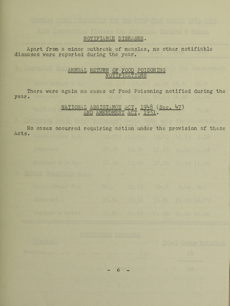 NOTIFIABLE DISEASES. Apart from a minor outbreak of measles, no other notifiable diseases were reported during the year. ANNUAL RETURN OF FOOD POISONING NOTIFICATIONS There were again no cases of Food Poisoning notified during the year. NATIONAL ASSISTANCE ACT, 199-8 (Sec. 9-7) AND AMENDMENT ACT, 1991. No cases occurred requiring action under the provision of these Acts. 6