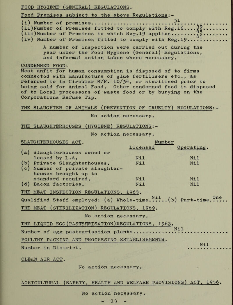 FOOD HYGIENE (GENERAL) REGULATIONS, Food Premises subject to the above Regulations:- (i) Number of premises...............* ^. (ii) Number of Premises fitted to comply with Reg.l6,...2? (iii) Number of Premises to which Reg.19 applies....,...^ (iv) Number of Premises fitted to comply with Reg,19 A number of inspection were carried out during the year under the Food Hygiene (General) Regulations, and informal action taken where necessary. CONDEMNED FOOD. Meat unfit for human consumption is disposed of to firms connected with manufacture of glue fertilisers etc., as referred to in Circular M/F. 10/5^+, or sterilised prior to being sold for Animal Food. Other condemned food is disposed of to Local processors of waste food or by burying on. the Corporations Refuse Tip. THE SLAUGHTER OF ANIMALS (PREVENTION OF CRUELTY) REGULATIONS:- No action necessary. THE SLAUGHTERHOUSES (HYGIENE) REGULATIONS:- No action necessary. SLAUGHTERHOUSES ACT. Number (a) Slaughterhouses owned or Licensed Operating. leased by L.A. Nil Nil (b) Private Slaughterhouses. Nil Nil (c) Number of private slaughter- houses brought up to standard required. Nil Nil (d) Bacon factories. Nil Nil THE MEAT INSPECTION REGULATIONS, 1963. Qualified Staff employed: (a) Who le-time .^'l'.. (b) Part-time THE MEAT (STERILIZATION) REGULATIONS, 1969. No action necessary. THE LIQUID EGG(PASTEURISATION)REGULATIONS, 1963. Number of egg pasteurisation plants. POULTRY PACKING AND PROCESSING ESTABLISHMENTS. One Nil Number in District, CLEAN AIR ACT. Nil No action necessary AGRICULTURAL (SAFETY, HEALTH AND WELFARE PROVISIONS) ACT, 1956. No action necessary, - 13 -