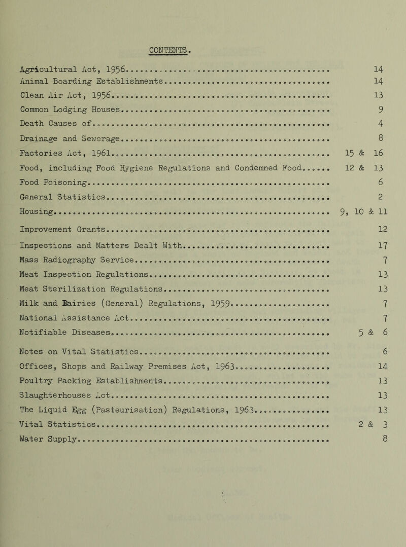 CONTENTS o o e o • c o o o Agricultural Act, 1956...»..- -.... Animal Boarding Establishments.... Clean Air Act, 1956............... Common Lodging Houses............. Death Causes of................... Drainage and Sewerage............. Factories Act, 1961............... Food, including Food Hygiene Regulations and Condemned Food Food Poisoning. General Statisticso 00000.0000.0. .o..o.o«. 0.00.0000.00.00000 H0USing.O.OOOO..00.900000.0.0.00.eo.oooo.o.oooooooooo.o.oeo Improvement Grants.................... Inspections and Matters Dealt With.... Mass Radiography Service.............. Meat Inspection Regulations....... Meat Sterilization Regulations.............. Milk and Dairies (General) Regulations, 1959 National Assistance Act..................... Notifiable Diseases......................... 00000* 0*00 0*000000 00000 000000 0 0 0*0 Notes on Vital Statistics........... Offices, Shops and Railway Premises Act, 1963...... Poultry Packing Establishments..................... Slaughterhouses Act................................ The Liquid Egg (Pasteurisation) Regulations, 1963.. Vital StatiStiOSo o.e.oQoo....ooeoooooo«ooooooooooo. Water Supply....................................... 00000*00000 oo*o 0*00 o o o • o 0 0*00 0 0 0 9 0 0 * 9 0 0 0 0 9 * 0 0 14 14 13 9 4 8 15 & 16 12 & 13 6 2 9, 10 & 11 12 17 7 13 13 7 7 5 & 6 6 14 13 13 13 2 & 3 8