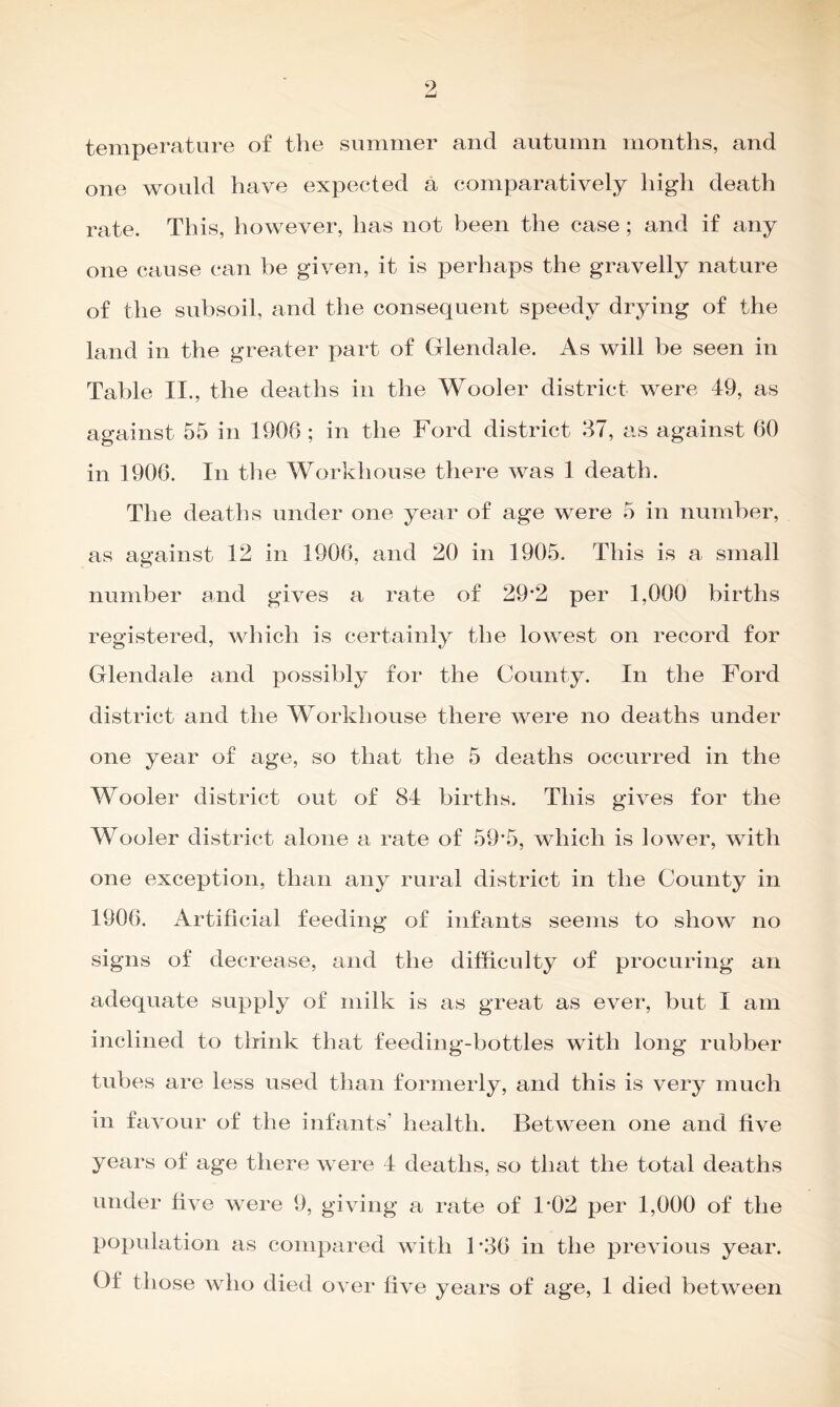 9, temperature of the summer and autumn mouths, and one would have expected a comparatively high death rate. This, however, has not been the case ; and if any one cause can he given, it is perhaps the gravelly nature of the subsoil, and the consequent speedy drying of the land in the greater part of Glendale. As will be seen in Table II., the deaths in the Wooler district were 49, as against 55 in 1906 ; in the Ford district 37, as against 60 in 1906. In the Workhouse there was 1 death. The deaths under one year of age were 5 in number, as against 12 in 1906, and 20 in 1905. This is a small number and gives a rate of 29’2 per 1,000 births registered, which is certainly the lowest on record for Glendale and possibly for the County. In the Ford district and the Workhouse there were no deaths under one year of age, so that the 5 deaths occurred in the Wooler district out of 84 births. This gives for the Wooler district alone a rate of 59*5, which is lower, with one exception, than any rural district in the County in 1906. Artificial feeding of infants seems to show no signs of decrease, and the difficulty of procuring an adequate supply of milk is as great as ever, but I am inclined to think that feeding-bottles with long rubber tubes are less used than formerly, and this is very much in favour of the infants’ health. Between one and five years of age there were 4 deaths, so that the total deaths under five were 9, giving a rate of 1*02 per 1,000 of the population as compared with 1*36 in the previous year. Of those who died over five years of age, 1 died between