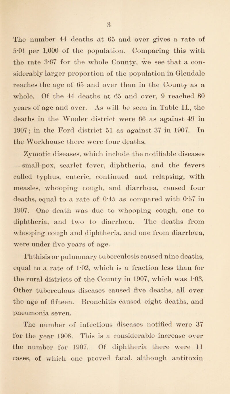 The number 44 deaths at 65 and over gives a rate of 5’01 per 1,000 of tlie population. Comparing this with the rate 3'67 for the whole County, we see that a con- siderably larger proportion of the population in Glendale reaches the age of 65 and over than in the Countv as a whole. Of the 44 deaths at 65 and over, 9 reached 80 years of age and over. As will be seen in Table II., the deaths in the Wooler district were 66 as against 49 in 1907; in the Ford district 51 as against 37 in 1907. In the Workhouse there were four deaths. Zymotic diseases, which include the notifiable diseases — small-pox, scarlet fever, diphtheria, and the fevers called typhus, enteric, continued and relapsing, with measles, whooping cough, and diarrhoea, caused four deaths, equal to a rate of 0'45 as compared with 0'57 in 1907. One death was due to whooping cough, one to diphtheria, and two to diarrhoea. The deaths from whooping cough and diphtheria, and one from diarrhoea, were under five years of age. Phthisis or pulmonary tuberculosis caused nine deaths, equal to a rate of 1'02, which is a fraction less than for the rural districts of the County in 1907, which was 1*03. Other tuberculous diseases caused five deaths, all over the age of fifteen. Bronchitis caused eight deaths, and pneumonia seven. The number of infectious diseases notified were 37 for the year 1908. This is a considerable increase over the number for 1907. Of diphtheria there were 11 cases, of which one proved fatal, although antitoxin