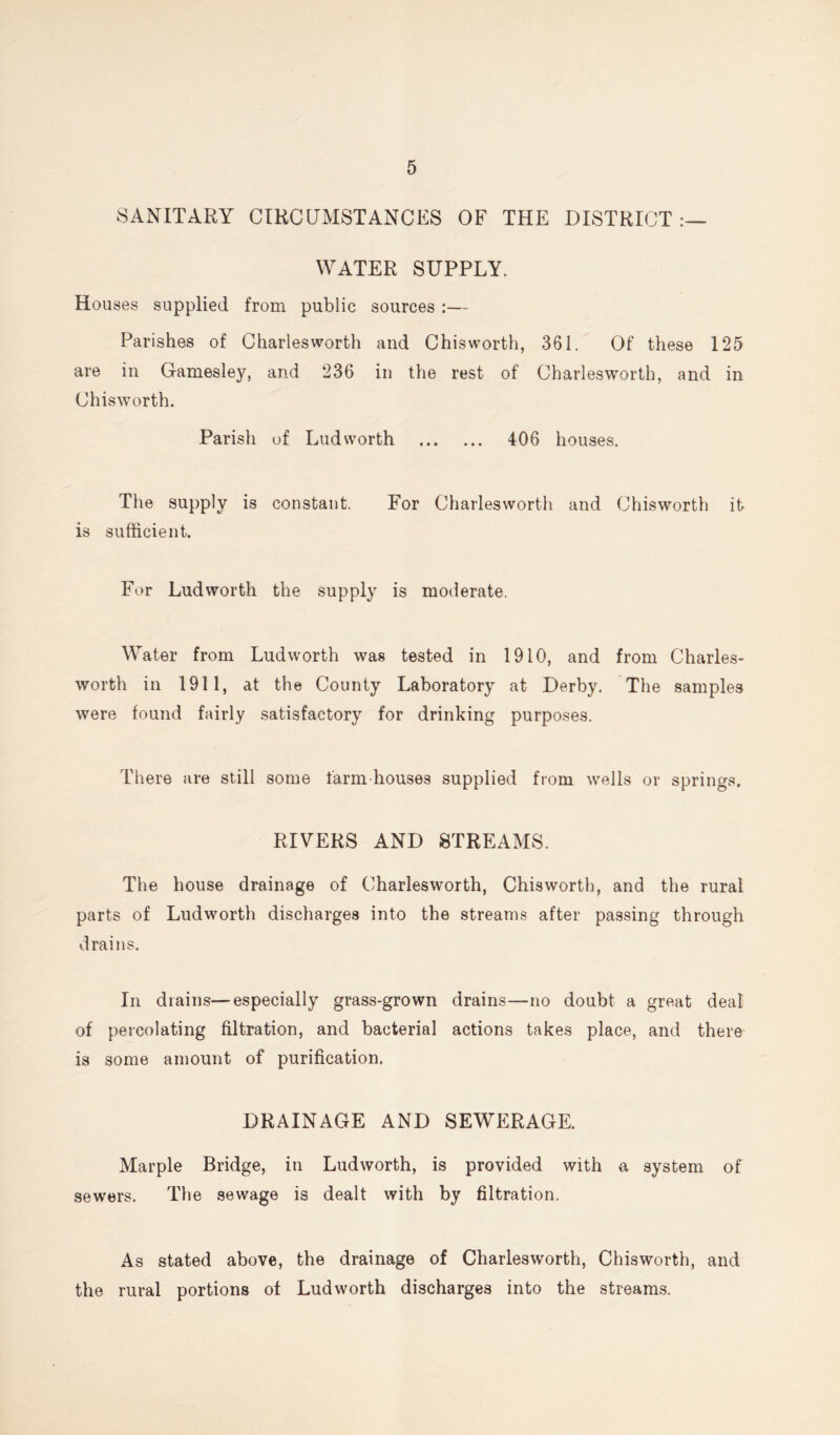 SANITARY CIRCUMSTANCES OF THE DISTRICT WATER SUPPLY. Houses supplied from public sources :— Parishes of Charlesworth and Chisworth, 361. Of these 125 are in Gamesley, and 236 in the rest of Charlesworth, and in Chisworth. Parish of Ludworth 406 houses. The supply is constant. For Charlesworth and Chisworth it is sufficient. For Ludworth the supply is moderate. Water from Ludworth was tested in 1910, and from Charles- worth in 1911, at the County Laboratory at Derby. The samples were found fairly satisfactory for drinking purposes. There are still some farm houses supplied from wells or springs. RIVERS AND STREAMS. The house drainage of Charlesworth, Chisworth, and the rural parts of Ludworth discharges into the streams after passing through drains. In drains—especially grass-grown drains—no doubt a great deal of percolating filtration, and bacterial actions takes place, and there is some amount of purification. DRAINAGE AND SEWERAGE. Marple Bridge, in Ludworth, is provided with a system of sewers. The sewage is dealt with by filtration. As stated above, the drainage of Charlesworth, Chisworth, and the rural portions of Ludworth discharges into the streams.