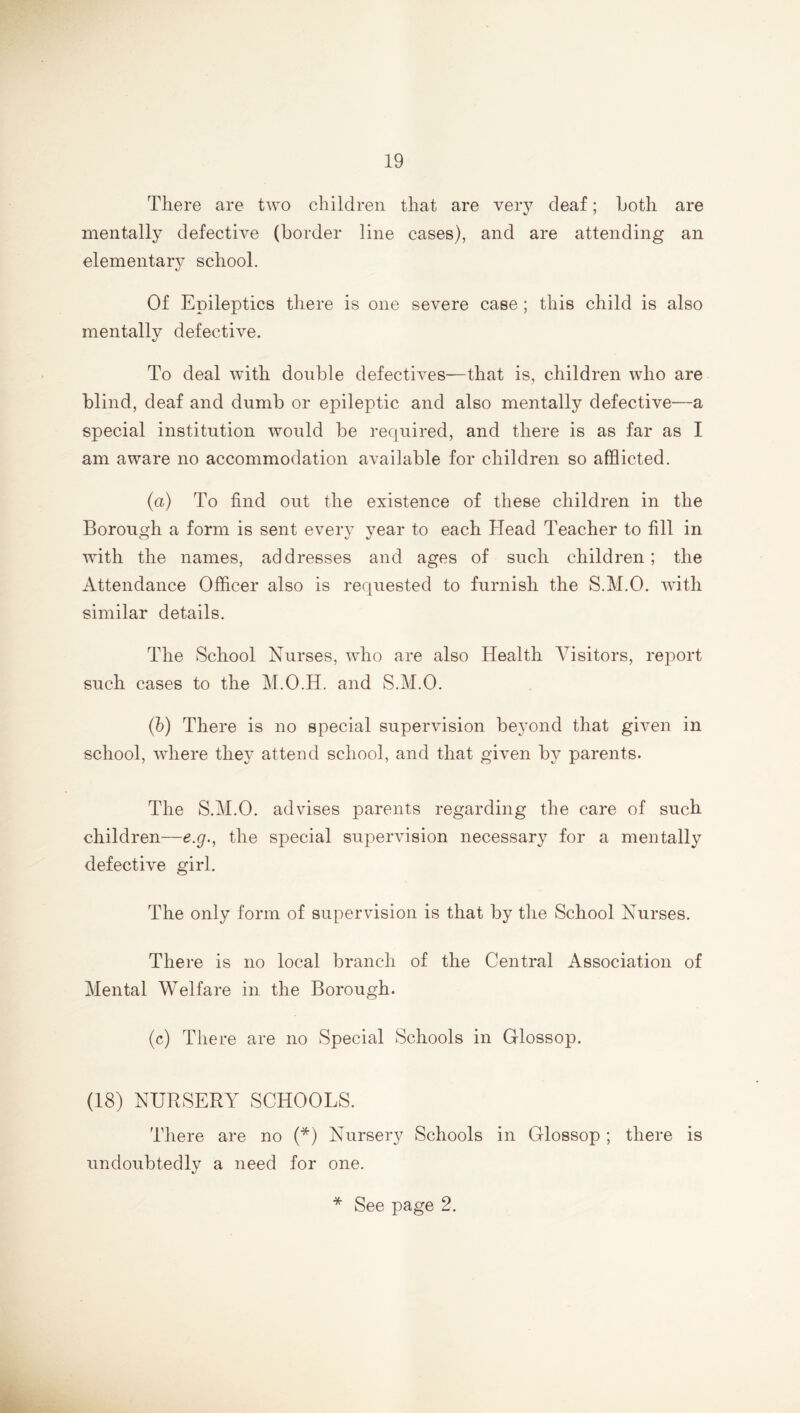 There are two children that are very deaf; Loth are mentally defective (border line cases), and are attending an elementary school. Of Epileptics there is one severe case ; this child is also mentally defective. To deal with double defectives—that is, children who are blind, deaf and dumb or epileptic and also mentally defective—a special institution would be required, and there is as far as I am aware no accommodation available for children so afflicted. (a) To find out the existence of these children in the Borough a form is sent every year to each Head Teacher to fill in with the names, addresses and ages of such children; the Attendance Officer also is requested to furnish the S.M.O. with similar details. The School Nurses, who are also Health Visitors, report such cases to the M.O.H. and S.M.O. (b) There is no special supervision beyond that given in school, where they attend school, and that given by parents. The S.M.O. advises parents regarding the care of such children—e.g., the special supervision necessary for a mentally defective girl. The only form of supervision is that by the School Nurses. There is no local branch of the Central Association of Mental Welfare in the Borough. (c) There are no Special Schools in Glossop. (18) NURSERY SCHOOLS. There are no (*) Nursery Schools in G-lossop; there is undoubtedly a need for one. * See page 2.