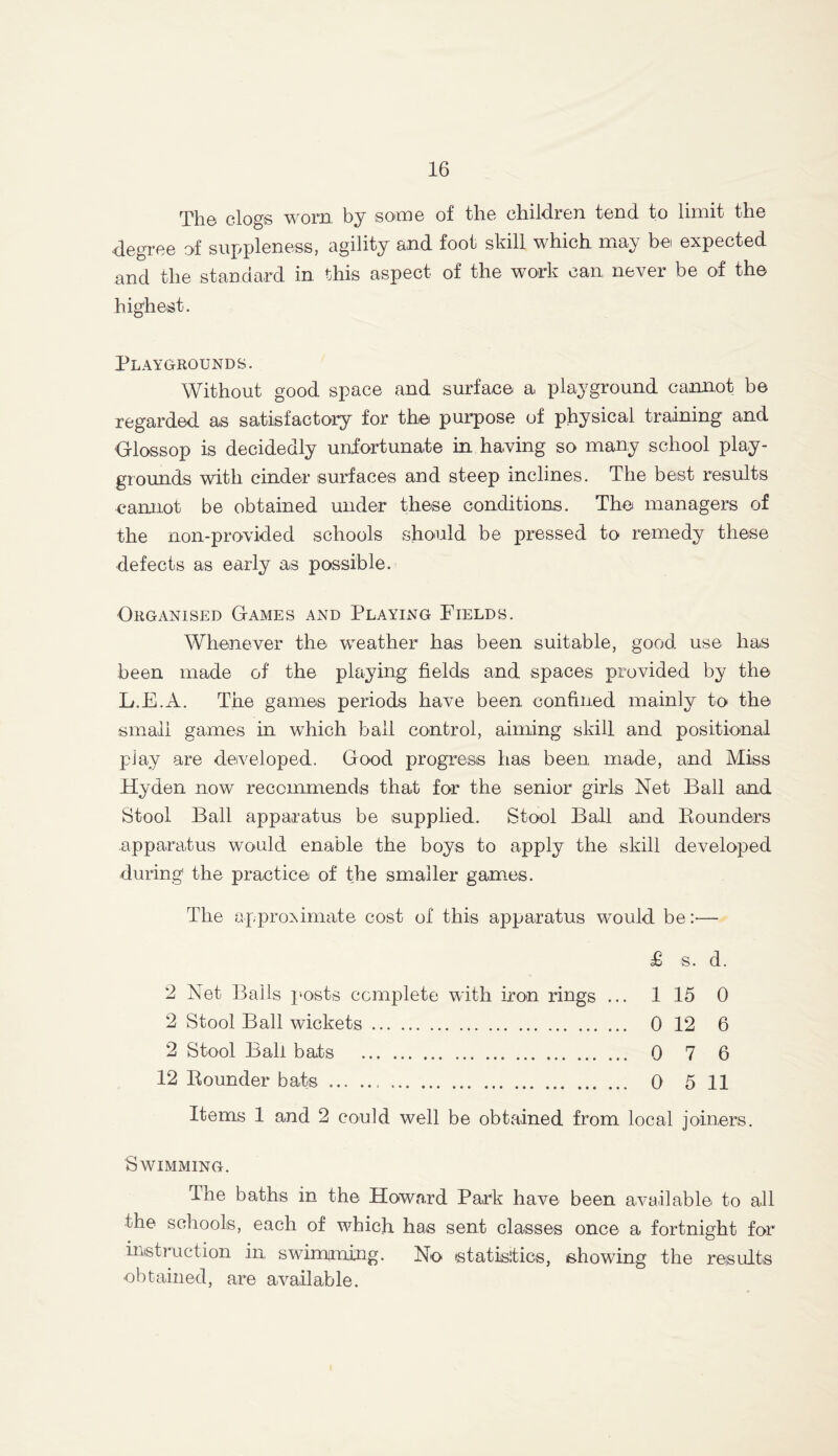 Th© clogs worn, by some of the children tend to limit the degree of suppleness, agility and foot skill which may be expected and the standard in this aspect of the work can never be of the highest. Playgrounds. Without good space and surface a playground cannot be regarded as satisfactory for the purpose of physical training and Glossop is decidedly unfortunate in having so many school play- grounds with cinder surfaces and steep inclines. The best results cannot be obtained under these conditions. The managers of the non-provided schools should be pressed to remedy these defects as early as possible. Organised Games and Playing Fields. Whenever the wreather has been suitable, good use has been made of the playing fields and spaces provided by the L.E.A. The games periods have been confined mainly to the small games in which ball control, aiming skill and positional pi ay are developed. G ood progress lias been made, and Miss Hyden now recommends that for the senior girls Net Ball and Stool Ball apparatus be supplied. Stool Ball and Bounders apparatus would enable the boys to apply the skill developed during1 the practice of the smaller games. The approximate cost of this apparatus would be:-— £ s. d. 2 Net Balls posts complete with iron rings ... 1 15 0 2 Stool Ball wickets 0 12 6 2 Stool Bali bats 0 7 6 12 Bounder bats 0 5 11 Items 1 and 2 could well be obtained from local joiners. Swimming. The baths in the Howard Park have been available to all the schools, each of which has sent classes once a fortnight for instruction in, swimming. No statistics, showing the results obtained, are available.