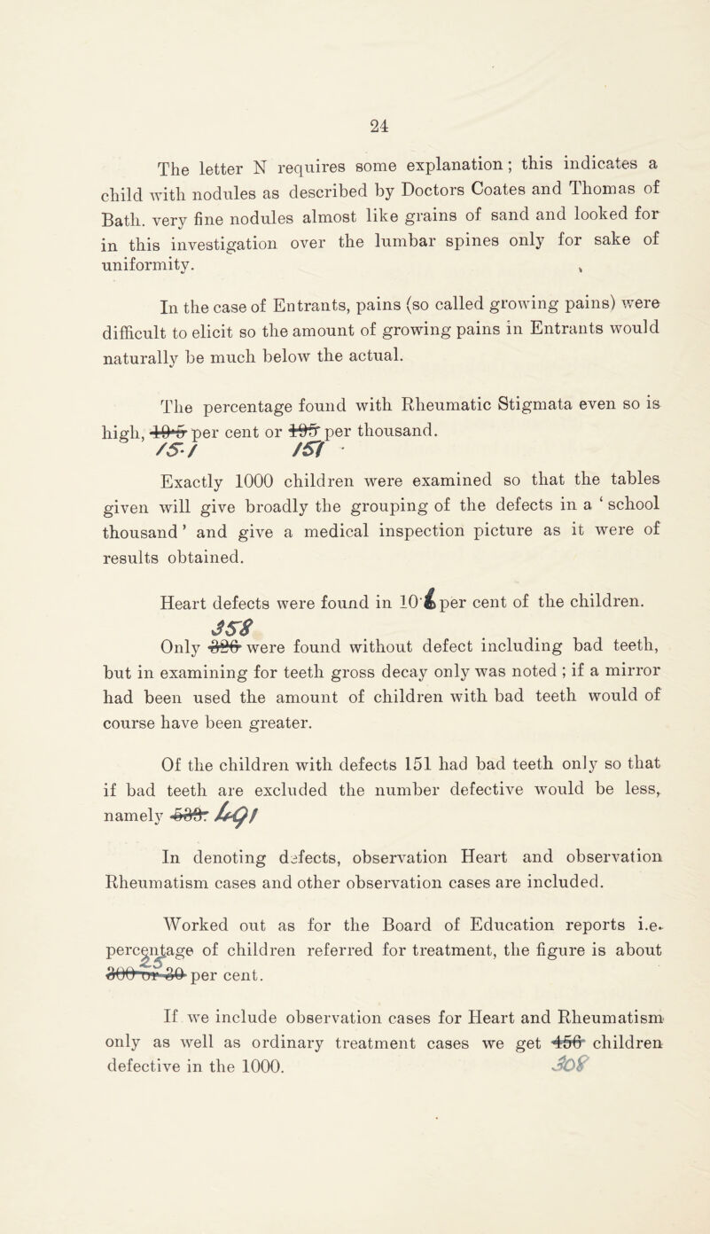 The letter N requires some explanation; this indicates a child with nodules as described by Doctors Coates and dhomas of Bath, very fine nodules almost like grains of sand and looked for in this investigation over the lumbar spines only for sake of uniformity. , In the case of Entrants, pains (so called growing pains) were difficult to elicit so the amount of growing pains in Entrants would naturally be much below the actual. The percentage found with Rheumatic Stigmata even so is high, 10'lr per cent or 44£r per thousand. /S / /Sf • Exactly 1000 children were examined so that the tables given will give broadly the grouping of the defects in a ‘ school thousand ’ and give a medical inspection picture as it were of results obtained. Heart defects were found in 10 ^ per cent of the children. JSS Only were found without defect including bad teeth, but in examining for teeth gross decay only was noted ; if a mirror had been used the amount of children with, bad teeth would of course have been greater. Of the children with defects 151 had bad teeth only so that if bad teeth are excluded the number defective would be less, namely S&8T Ugt In denoting defects, observation Heart and observation Rheumatism cases and other observation cases are included. Worked out as for the Board of Education reports i.e- percentage of children referred for treatment, the figure is about OOfr'ui1 u0 per cent. If wre include observation cases for Heart and Rheumatism only as well as ordinary treatment cases we get 456 children defective in the 1000.