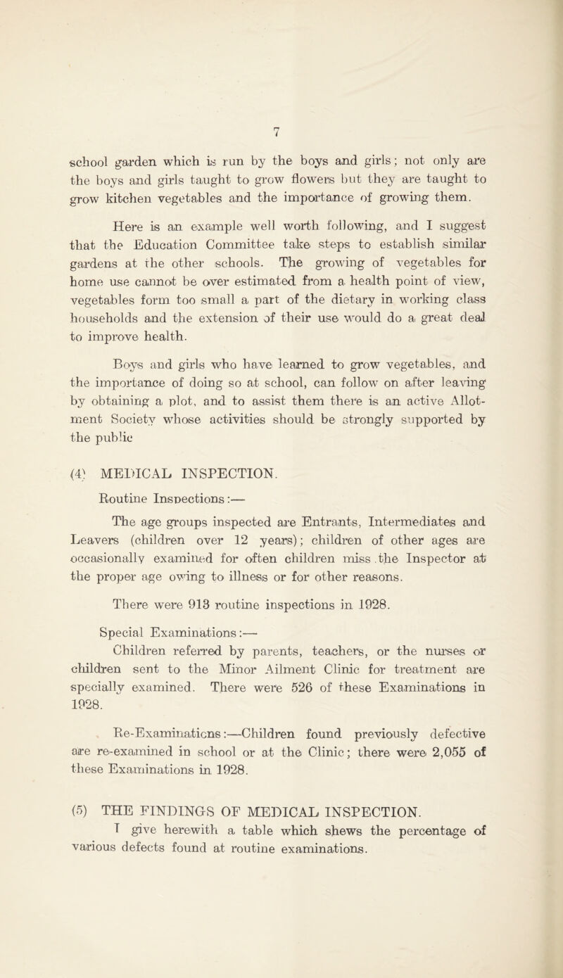 school gai'den which is run by the boys and girls; not only are the boys and girls taught to grow flow^ens but they are taught to grow kitchen vegetables and the importance of growing them. Here is an example well worth following, and I suggest that the Education Committee take steps to establish similar gardens at the other schools. The growing of vegetables for home use cannot be over estimated from a. health point of view, vegetables form too small a part of the dietary in working class households and the extension of their use would do a great deal to improve health. Boys and girls who havCi learned to grow vegetables, and the importance of doing so at school, can follow on after leawng by obtaining a, plot, and to assist them there is an active Allot- ment Society whose activities should be strongly supported by the public (4) MEDICAL INSPECTION. Eoutine Inspections:— The age groups inspected are Entrants, Intermediates and Leavers (children over 12 years); children of other ages are occasionally examined for often children miss ,the Inspector at the proper age owing to illness or for other reasons. There were 913 routine inspections in 1928. Special Examinations:— Children referred by parents, tea,chers, or the nurses or cliildren sent to the Minor Ailment Clinic for treatment are specially examined. There were 526 of these Examinations in 1928. Ee-ExaminaticnsChildren found previously defective are re-examined in school or at the Clinic; there were 2,055 of these Examinations in, 1928. (5) THE FINDINGS OF MEDICAL INSPECTION. I give herewith a table which shews the percentage of various defects found at routine examinations.