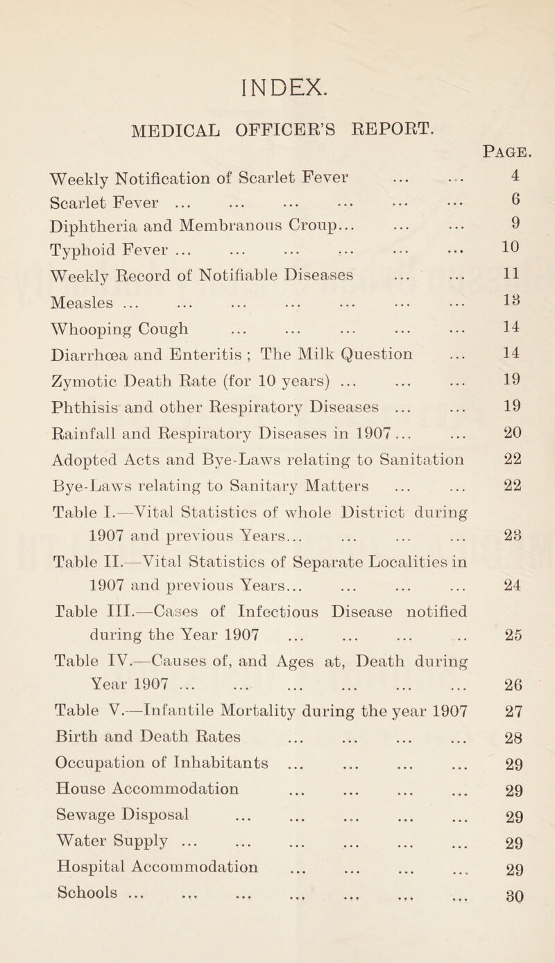 INDEX. MEDICAL OFFICER’S REPORT. Page. Weekly Notification of Scarlet Fever ... ... 4 Scarlet Fever ... ... ... ... ••• ••• 9 Diphtheria and Membranous Croup... ... ... 9 Typhoid Fever ... ... ... ... ... ... 10 Weekly Record of Notifiable Diseases ... ... 11 Measles ... ... ... ... ... ••• • •• 19 Whooping Cough ... ... ... ... ... 14 Diarrhoea and Enteritis ; The Milk Question ... 14 Zymotic Death Rate (for 10 years) ... ... ... 19 Phthisis and other Respiratory Diseases ... ... 19 Rainfall and Respiratory Diseases in 1907... ... 20 Adopted Acts and Bye-Laws relating to Sanitation 22 Bye-Laws relating to Sanitary Matters ... ... 22 Table I.—Vital Statistics of whole District during 1907 and previous Years... ... ... ... 23 Table II.—Vital Statistics of Separate Localities in 1907 and previous Years... ... ... ... 24 Table III.—Cases of Infectious Disease notified during the Year 1907 ... ... ... .. 25 Table IV.—Causes of, and Ages at, Death during Year 1907 ... ... ... ... ... ... 26 Table V.—Infantile Mortality during the year 1907 27 Birth and Death Rates ... ... ... ... 28 Occupation of Inhabitants ... ... ... ... 29 House Accommodation ... ... ... ... 29 Sewage Disposal 29 Water Supply 29 Hospital Accommodation ... ... ... ... 29 Schools ... ... ... .,, .,, ... ... 30