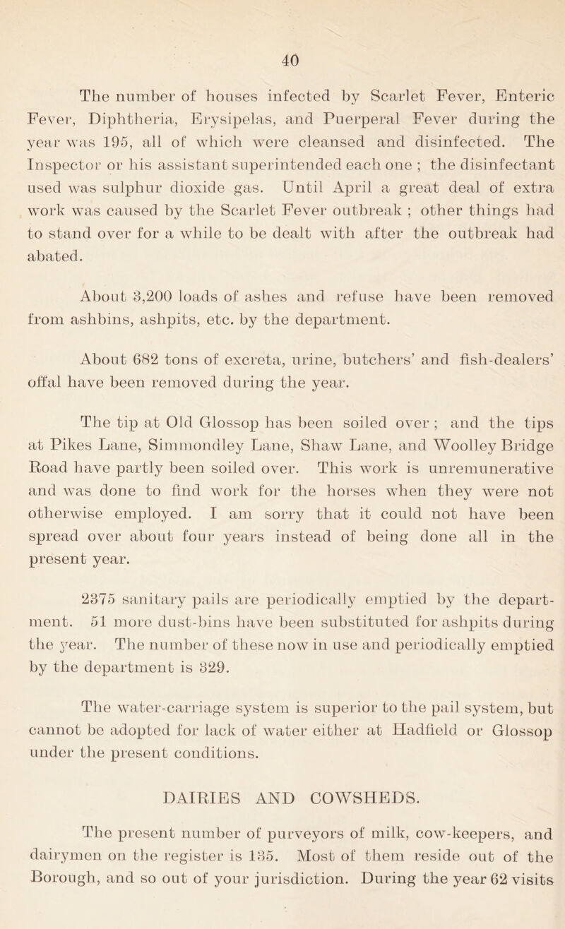 The number of houses infected by Scarlet Fever, Enteric Fever, Diphtheria, Erysipelas, and Puerperal Fever during the year was 195, all of which were cleansed and disinfected. The Inspector or his assistant superintended each one ; the disinfectant used was sulphur dioxide gas. Until April a great deal of extra work was caused by the Scarlet Fever outbreak ; other things had to stand over for a while to be dealt with after the outbreak had abated. About 3,200 loads of ashes and refuse have been removed from ashbins, ashpits, etc. by the department. About 682 tons of excreta, urine, butchers’ and fish-dealers’ offal have been removed during the year. The tip at Old Glossop has been soiled over ; and the tips at Pikes Lane, Simmondley Lane, Shaw Lane, and Woolley Bridge Road have partly been soiled over. This work is unremunerative and was done to find work for the horses when they were not otherwise employed. I am sorry that it could not have been spread over about four years instead of being done all in the present year. 2375 sanitary pails are periodically emptied by the depart- ment. 51 more dust-bins have been substituted for ashpits during the year. The number of these now in use and periodically emptied by the department is 329. The water-carriage system is superior to the pail system, but cannot he adopted for lack of water either at Hadfield or Glossop under the present conditions. DAIRIES AND COWSHEDS. The present number of purveyors of milk, cow-keepers, and dairymen on the register is 135. Most of them reside out of the Borough, and so out of your jurisdiction. During the year 62 visits