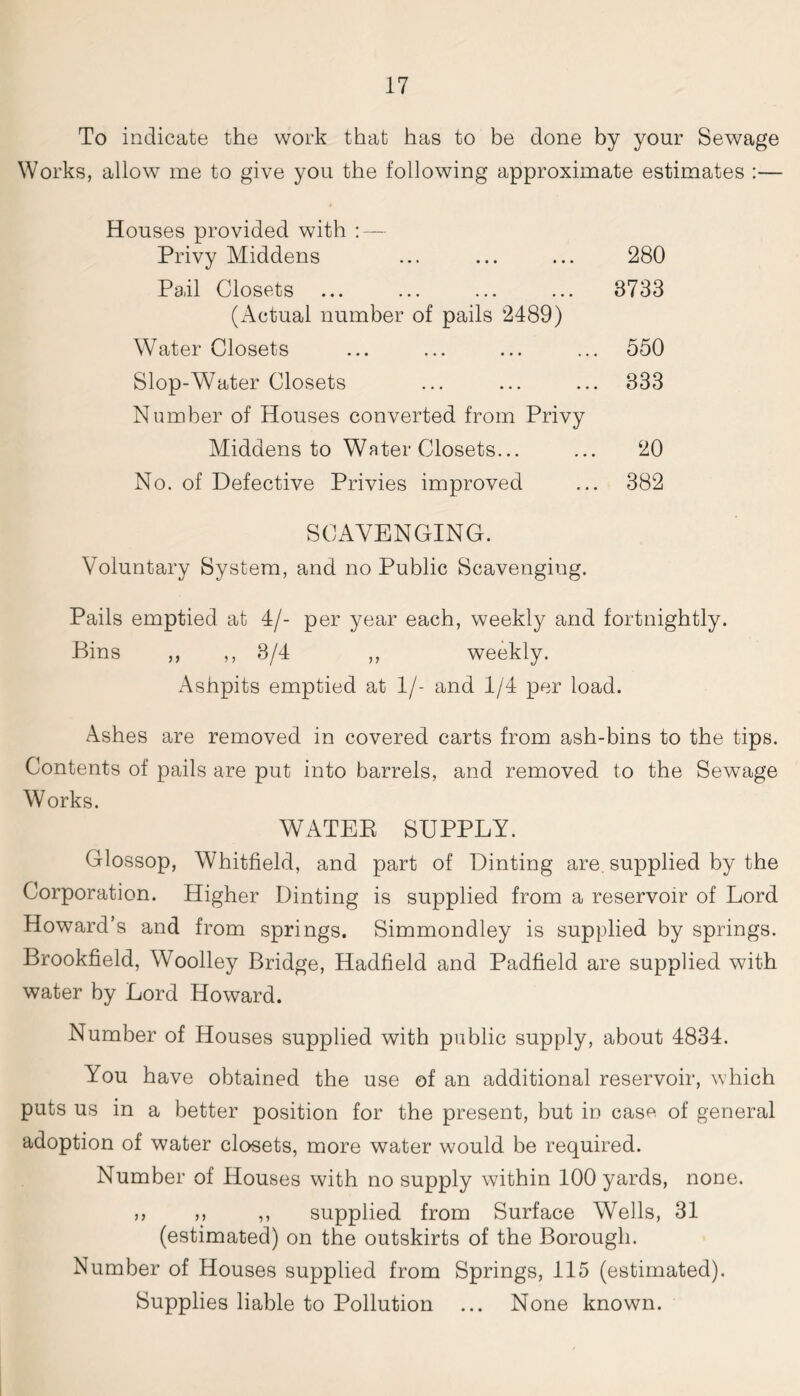 To indicate the work that has to be done by your Sewage Works, allow me to give you the following approximate estimates :— Houses provided with : — Privy Middens ... ... ... 280 Pail Closets ... ... ... ... 8733 (Actual number of pails 2489) Water Closets ... ... ... ... 550 Slop-Water Closets ... ... ... 333 Number of Houses converted from Privy Middens to Water Closets... ... 20 No. of Defective Privies improved ... 382 SCAVENGING. Voluntary System, and no Public Scavenging. Pails emptied at 4/- per year each, weekly and fortnightly. Bins ,, ,, 3/4 ,, weekly. Ashpits emptied at 1/- and 1/4 per load. Ashes are removed in covered carts from ash-bins to the tips. Contents of pails are put into barrels, and removed to the Sewage Works. WATER SUPPLY. Glossop, Whitfield, and part of Dinting are. supplied by the Corporation. Higher Dinting is supplied from a reservoir of Lord Howard’s and from springs. Simmondley is supplied by springs. Brookfield, Woolley Bridge, Hadfield and Padfield are supplied with water by Lord Howard. Number of Houses supplied with public supply, about 4834. You have obtained the use of an additional reservoir, which puts us in a better position for the present, but in case of general adoption of water closets, more water would be required. Number of Houses with no supply within 100 yards, none. ,, ,, ,, supplied from Surface Wells, 31 (estimated) on the outskirts of the Borough. Number of Houses supplied from Springs, 115 (estimated). Supplies liable to Pollution ... None known.