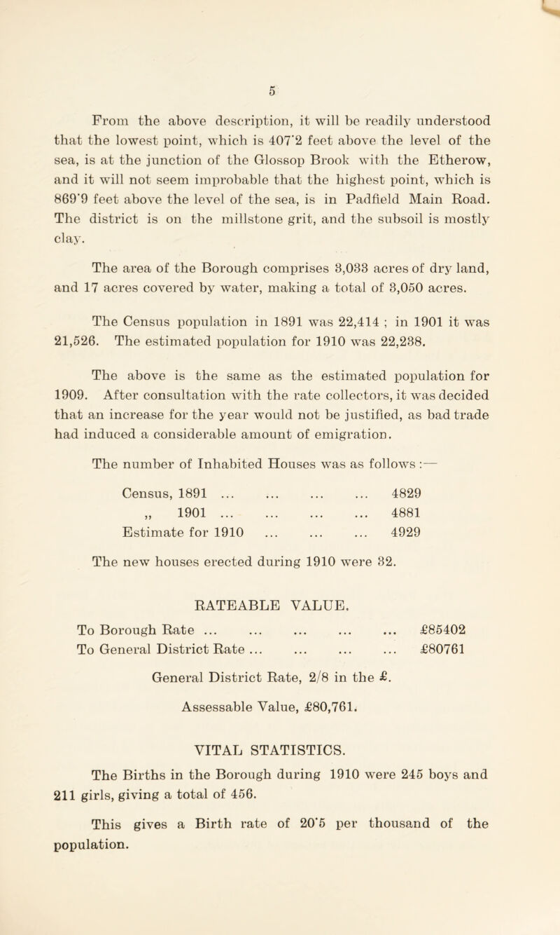 From the above description, it will be readily understood that the lowest point, which is 407’2 feet above the level of the sea, is at the junction of the Glossop Brook with the Etherow, and it will not seem improbable that the highest point, which is 869‘9 feet above the level of the sea, is in Padfield Main Road. The district is on the millstone grit, and the subsoil is mostly clay. The area of the Borough comprises 8,038 acres of dry land, and 17 acres covered by water, making a total of 3,050 acres. The Census population in 1891 was 22,414 ; in 1901 it was 21,526. The estimated population for 1910 was 22,238. The above is the same as the estimated population for 1909. After consultation with the rate collectors, it was decided that an increase for the year would not be justified, as bad trade had induced a considerable amount of emigration. The number of Inhabited Houses was as follows :— Census, 1891 1901 4829 4881 Estimate for 1910 ... ... ... 4929 The new houses erected during 1910 were 32. RATEABLE VALUE, To Borough Rate ... ... ... ... ... £85402 To General District Rate ... ... ... ... £80761 General District Rate, 2/8 in the £. Assessable Value, £80,761. VITAL STATISTICS. The Births in the Borough during 1910 were 245 boys and 211 girls, giving a total of 456. This gives a Birth rate of 20*5 per thousand of the population.