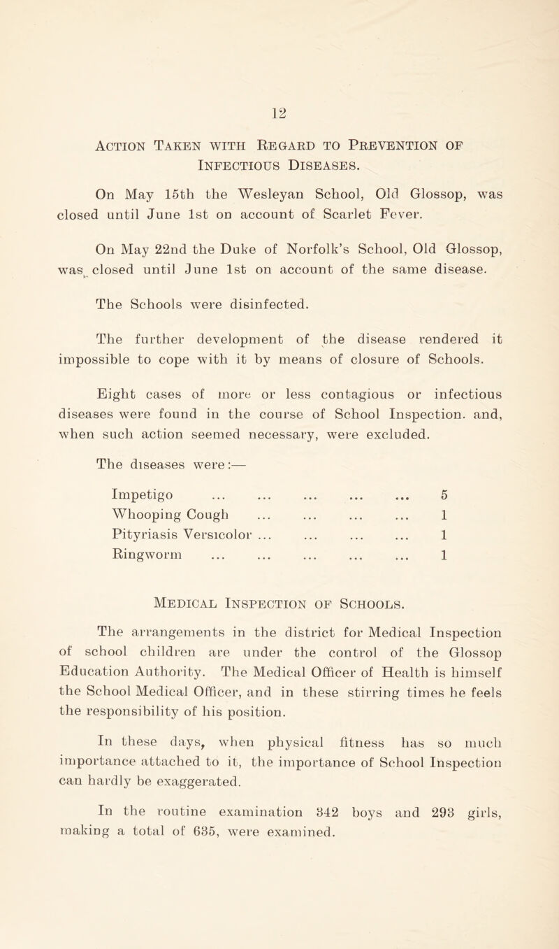 Action Taken with Regard to Prevention of Infectious Diseases. On May 15th the Wesleyan School, Old Glossop, was closed until June 1st on account of Scarlet Fever. On May 22nd the Duke of Norfolk’s School, Old Glossop, was closed until June 1st on account of the same disease. The Schools were disinfected. The further development of the disease rendered it impossible to cope with it hy means of closure of Schools. Eight cases of more or less contagious or infectious diseases were found in the course of School Inspection, and, when such action seemed necessary, were excluded. The diseases were :— Impetigo Whooping Cough Pityriasis Versicolor ... Ringworm 5 1 1 1 Medical Inspection of Schools. The arrangements in the district for Medical Inspection of school children are under the control of the Glossop Education Authority. The Medical Officer of Health is himself the School Medical Officer, and in these stirring times he feels the responsibility of his position. In these days^ when physical fitness has so much importance attached to it, the importance of School Inspection can hardly be exaggerated. In the routine examination 842 boys and 293 girls, making a total of 635, were examined.