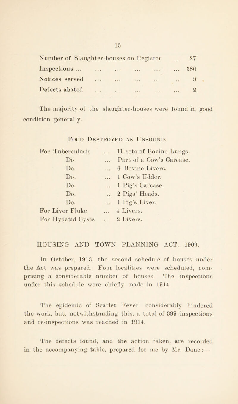Number of Slaughter-houses on Register Inspections ... Notices served Defects abated 27 580 3 2 The majority of the slaughter-houses were found in good condition generally. Food Desteoyed as Unsound. For Tuberculosis Do. Do. Do. Do. Do. Do. For Liver Fluke For Hydatid Cysts 11 sets of Bovine Lungs. Part of a Cow’s Carcase. 6 Bovine Livers. 1 Cow’s Udder. 1 Pig’s Carcase. 2 Pigs’ Heads. 1 Pig’s Liver. 4 Livers. 2 Livers. HOUSING AND TOWN PLANNING ACT, 1909. In October, 1913, the second schedule of houses under the Act was prepared. Four localities were scheduled, com- prising a considerable number of houses. The inspections under this schedule were chiefly made in 1914. The epidemic of Scarlet Fever considerably hindered the work, but, notwithstanding this, a total of 399 inspections and re-inspections was reached in 1914. The defects found, and the action taken, are recorded in the accompanying table, prepared for me by Mr. Dane :—