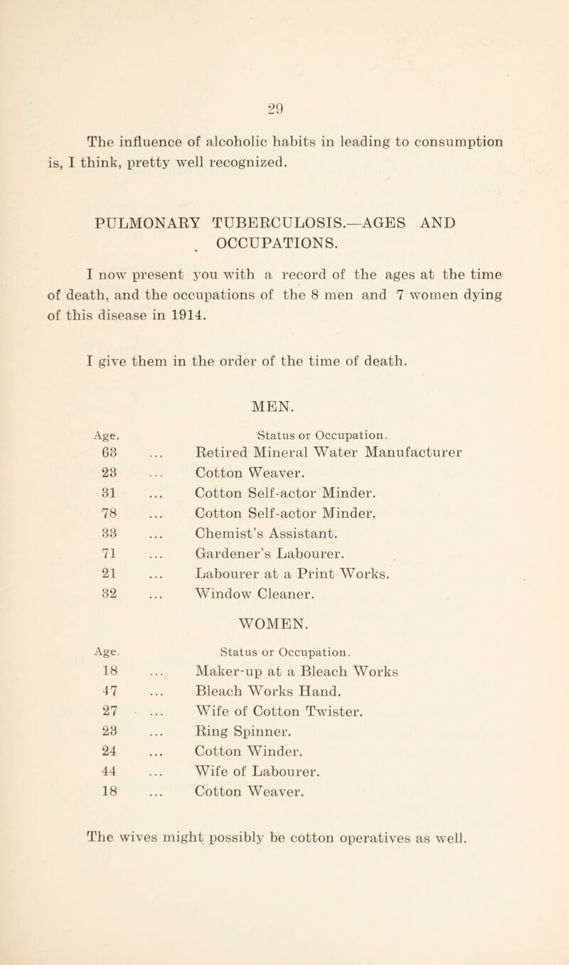 The influence of alcoholic habits in leading to consumption is, I think, pretty well recognized. PULMONARY TUBERCULOSIS.—AGES AND OCCUPATIONS. I now present you with a record of the ages at the time of death, and the occupations of the 8 men and 7 women dying of this disease in 1914. I give them in the order of the time of death. Age. 63 23 31 78 33 71 21 32 Age. 18 47 27 23 24 44 18 MEN. Status or Occupation. Retired Mineral Water Manufacturer Cotton Weaver. Cotton Self-actor Minder. Cotton Self-actor Minder. Chemist’s Assistant. Gardener’s Labourer. Labourer at a Print Works. Window Cleaner. WOMEN. Status or Occupation. Maker-up at a Bleach Works Bleach Works Hand. Wife of Cotton Twister. Ring Spinner. Cotton Winder. Wife of Labourer. Cotton Weaver. The wives might possibly be cotton operatives as well.