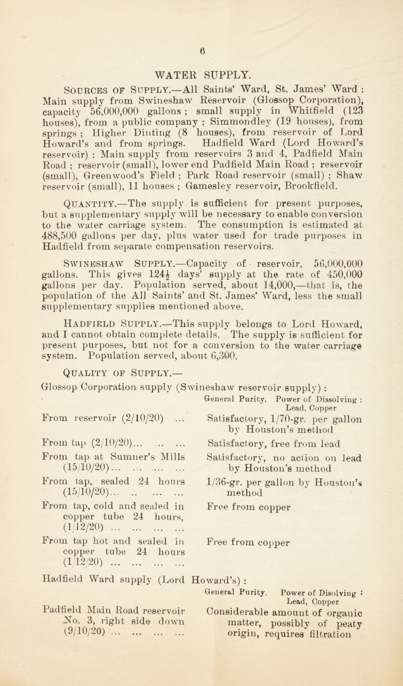 WATER SUPPLY. Sources of Supply.—All Saints’ Ward, St. James’ Ward : Main supply from Swineshaw Reservoir (Glossop Corporation), capacity 56,000,000 gallons ; small supply in Whitfield (123 houses), from a public company ; Simmondley (19 houses), from springs ; Higher Dinting (8 houses), from reservoir of Lord Howard’s and from springs. Hadfield Ward (Lord Howard’s reservoir) : Main supply from reservoirs 3 and 4, Padfield Main Road ; reservoir (small), lower end Padfield Main Road ; reservoir (small), Greenwood’s Field ; Park Road reservoir (small) ; Shaw reservoir (small), 11 houses ; Gamesley reservoir, Brookfield. Quantity.—The supply is sufficient for present purposes, but a supplementary supply will be necessary to enable conversion to the water carriage system. The consumption is estimated at 488,500 gallons per day, plus water used for trade purposes in Hadfield from separate compensation reservoirs. Swineshaw Supply.—Capacity of reservoir, 56,000,000 gallons. This gives 124J days’ supply at the rate of 450,000 gallons per day. Population served, about 14,000,—that is, the population of the All Saints’ and St. James’ Ward, less the small supplementary supplies mentioned above. Hadfield Supply.—This supply belongs to Lord Howard, and I cannot obtain complete details. The supply is sufficient for present purposes, but not for a conversion to the water carriage system. Population served, about 6,300. Quality of Supply.— Glossop Corporation supply (Swineshaw reservoir supply) : From reservoir (2/10/20) From tap (2/10/20)... From tap at Sumner’s Mills (15/10/20) From tap, sealed 24 hours (15/10/20) From tap, cold and sealed in copper tube 24 hours. (1/12/20) From tap hot and sealed in copper tube 24 hours (1/12/20) Hadfield Ward supply (Lord Padfield Main Road reservoir No. 3, right side down (9/10/20) General Purity. Power of Dissolving- : Lead, Copper Satisfactory, 1/70-gr. per gallon by Houston’s method Satisfactory, free from lead Satisfactory, no action on lead by Houston’s method 1/36-gr. per gallon by Houston’s method Fr ee from copper Free from copper Howard’s) : General Purity. Power of Disolving : Lead, Copper Considerable amount of organic matter, possibly of peaty origin, requires filtration