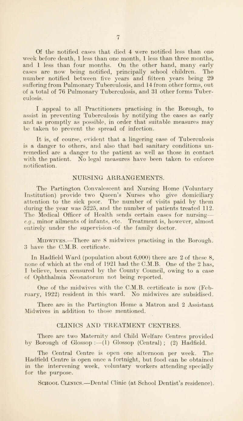 Of the notified cases that died 4 were notified less than one week before death, 1 less than one month, 1 less than three months, and 1 less than four months. On the other hand, many early cases are now being notified, principally school children. The number notified between five years and fifteen years being 29 suffering from Pulmonary Tuberculosis, and 14 from other forms, out of a total of 76 Pulmonary Tuberculosis, and 31 other forms Tuber- culosis. I appeal to all Practitioners practising in the Borough, to assist in preventing Tuberculosis by notifying the cases as early and as promptly as possible, in order that suitable measures may be taken to prevent the spread of infection. It is, of course, evident that a lingering case of Tuberculosis is a danger to others, and also that bad sanitary conditions un- remedied are a danger to the patient as well as those in contact with the patient. No legal measures have been taken to enforce notification. NURSING ARRANGEMENTS. The Partington Convalescent and Nursing Home (Voluntary Institution) provide two Queen’s Nurses who give domiciliary attention to the sick poor. The number of visits paid by them during the j^ear was 5225, and the number of patients treated 112. The Medical Officer of Health sends certain cases for nursing— minor ailments of infants, etc. Treatment is, however, almost entirel} under the supervision -of the family doetor. Min WIVES.—There are 8 midwives practising in the Borough. 3 have the C.M.B. certificate. In Hadfield Ward (population about 6,000) there are 2 of these 8, none of which at the end of 1921 had the C.M.B. One of the 2 has, I believe, been censured by the County Council, owing to a case of Ophthalmia Neonatorum not being reported. One of the mid wives with the C.M.B. certificate is now (Feb- ruary, 1922) resident in this ward. No mid wives are subsidised. There are in the Partington Home a Matron and 2 Assistant Midwives in addition to those mentioned. CLINICS AND TREATMENT CENTRES. There are two Maternity and Child Welfare Centres provided by Borough of Glossop :—(1) Glossop (Central); (2) Hadfield. The Central Centre is open one afternoon per week. The Hadfield Centre is open once a fortnight, but food can be obtained in the intervening week, voluntary workers attending specially for the purpose. School Clinics.—Dental Clinic (at School Dentist’s residence).
