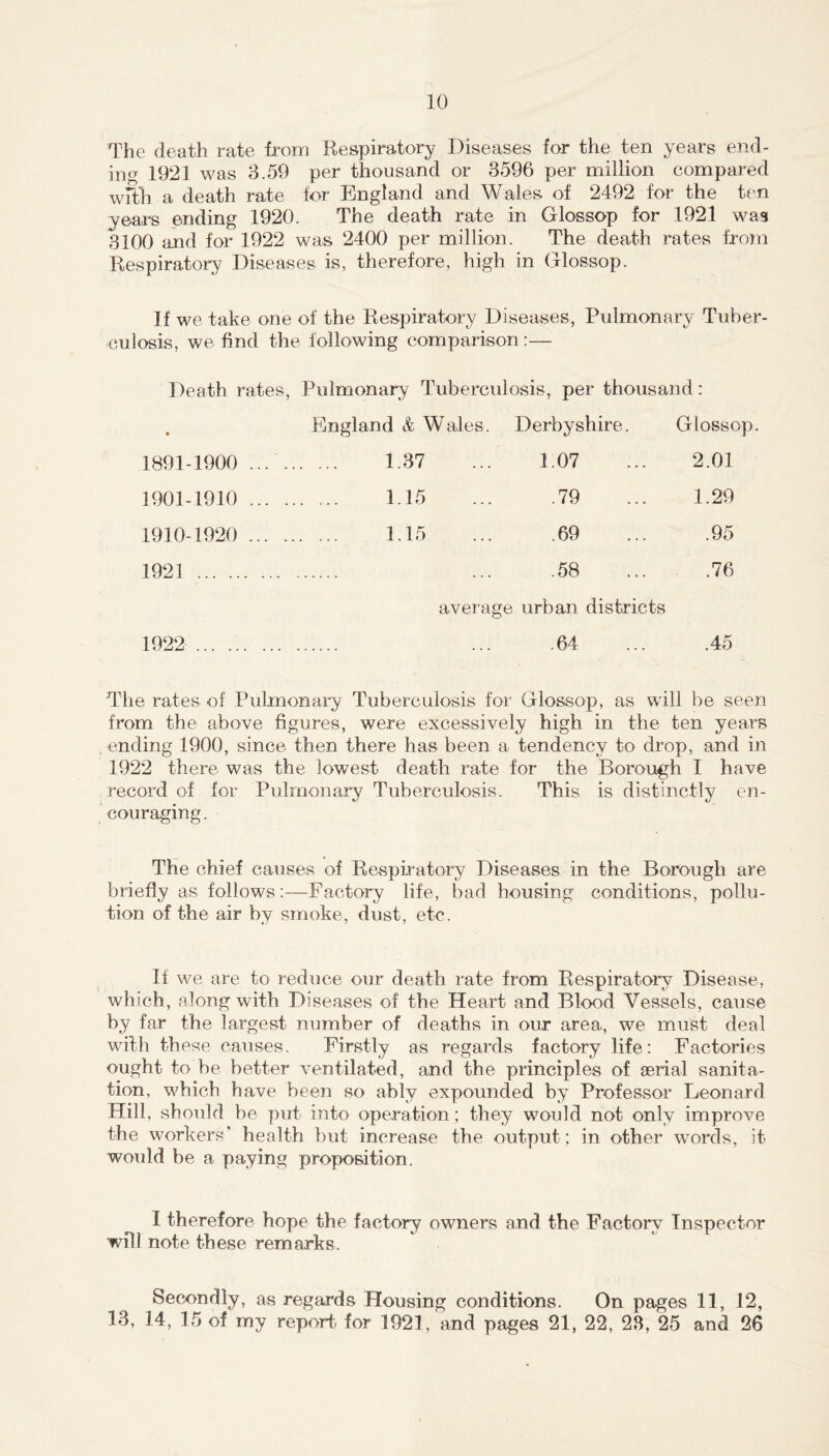 The death rate from Respiratory Diseases for the ten years end- in 1921 was 8.59 per thousand or 3596 per million compared with a death rate for England and Wales of 2492 for the ten years ending 1920. The death rate in Glossop for 1921 was 3100 and for 1922 was 2400 per million. The death rates fi‘om Respiratory Diseases is, therefore, high in Glossop. If we take one of the Respiratory Diseases, Pulmonary Tuber- culosis, we find the following comparison:— Death rates, Pulmonary Tuberculosis, per thousand: « England & Wales. Derbyshire. Glossop 1891-1900 ... 1.37 1.07 2.01 1901-1910 ... 1.15 .79 1.29 1910-1920 ... 1.15 .69 .95 1921 .58 .76 average urban districts 1922 ... .64 ... .45 The rates of Pulmonary Tuberculosis for Glossop, as will be seen from the above figures, were excessively high in the ten years ending 1900, since then there has been a tendency to drop, and in 1922 there was the lowest death rate for the Borough I have record of for Pulmonary Tuberculosis. This is distinctly en- couraging. The chief causes of Respiratory Diseases in the Borough are briefly as follows:—Factory life, bad housing conditions, pollu- tion of the air by smoke, dust, etc. If we are to reduce our death rate from Respiratory Disease, which, along with Diseases of the Heart and Blood Vessels, cause by far the largest number of deaths in our area, we must deal with these causes. Firstly as regards factory life: Factories ought to be better ventilated, and the principles of aerial sanita- tion, which have been so ably expounded by Professor Leonard Hill, should be put into operation; they would not only improve the workers’ health but increase the output; in other words, it would be a paying proposition. I therefore hope the factory owners and the Factory Inspector will note these remarks. Secondly, as regards Housing conditions. On pages 11, 12, 13, 14, 15 of my report for 1921, and pages 21, 22, 23, 25 and 26