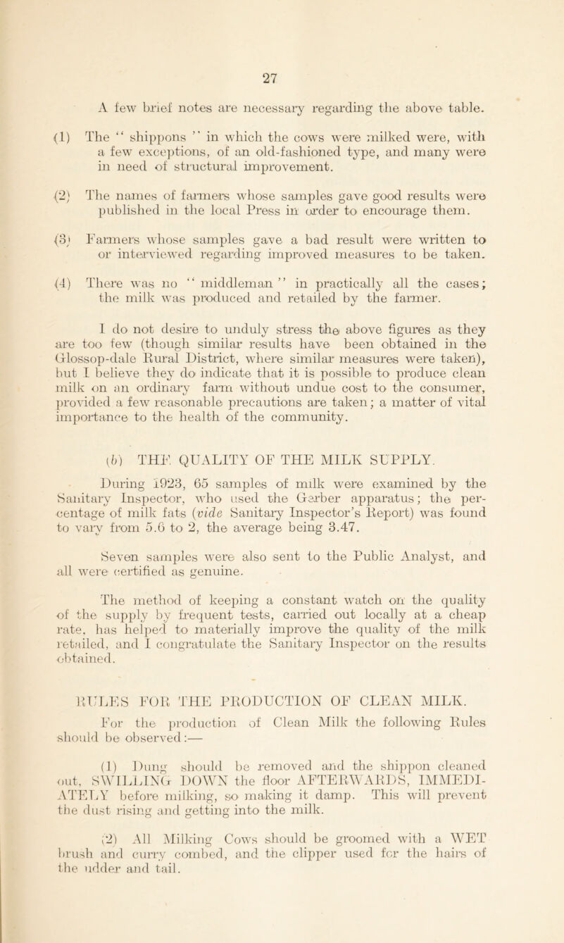 A lew brief notes are necessary regarding the above table. (1) The “ sbippons ” in which the cows were milked were, witJi a few exceptions, of an old-fashioned t^^pe, and many were in need of structural improvement. (2) The names of farmers whose samples gave good results were published in the local Press in order to' encourage them. (3; Farmers whose samples gave a bad result were written to or interviewed regarding improved measures to be taken. (4) There was no “ middleman” in practically all the cases; the milk was produced and retailed by the farmer. I do not desh’e to unduly stress the above figures as they are too tew (though similar results have been obtained in the (jrlossop-dale Eural District, where similar measures were taken), but I believe they do indicate that it is possible to produce clean milk on an ordinary farm without undue cost to the consumer, provided a few reasonable precautions are taken; a matter of vital importance to the health of the community. [b) THE QUALITY OF THE MILK SUPPLY. During 1923, 65 samples of milk were examined by the Sanitaiw Inspector, who used the Oerber apparatus; the per- centage of milk fats {vide Sanitary Inspector’s lleport) was found to vaiy from 5.6 to 2, the average being 3.47. Seven samples were also sent to the Public Analyst, and all were certified as genuine. The method of keeping a constant watch on the quality of the supply by frequent tests, carried out locally at a cheap rate, has helped to materially improve the quality of the milk retailed, and I congratulate the Sanitary Inspector on the results obtained. jUJLES FOK THE PPODUCTTON OF CLEAN AIILK. For the i)roduction of Clean Milk the following Piules should lie observed:— (1) Dung should be removed and the shippon cleaned out, S\VILLIN(t down the floor AFTEPAVAPDS, IMMEDI- ATELY before milking, so making it damp. This will prevent the dust lising and getting into the milk. (2) All Milking Cows should be groomed with a WET brush and curry combed, and the clipper used for the hairs of the udder and tail.