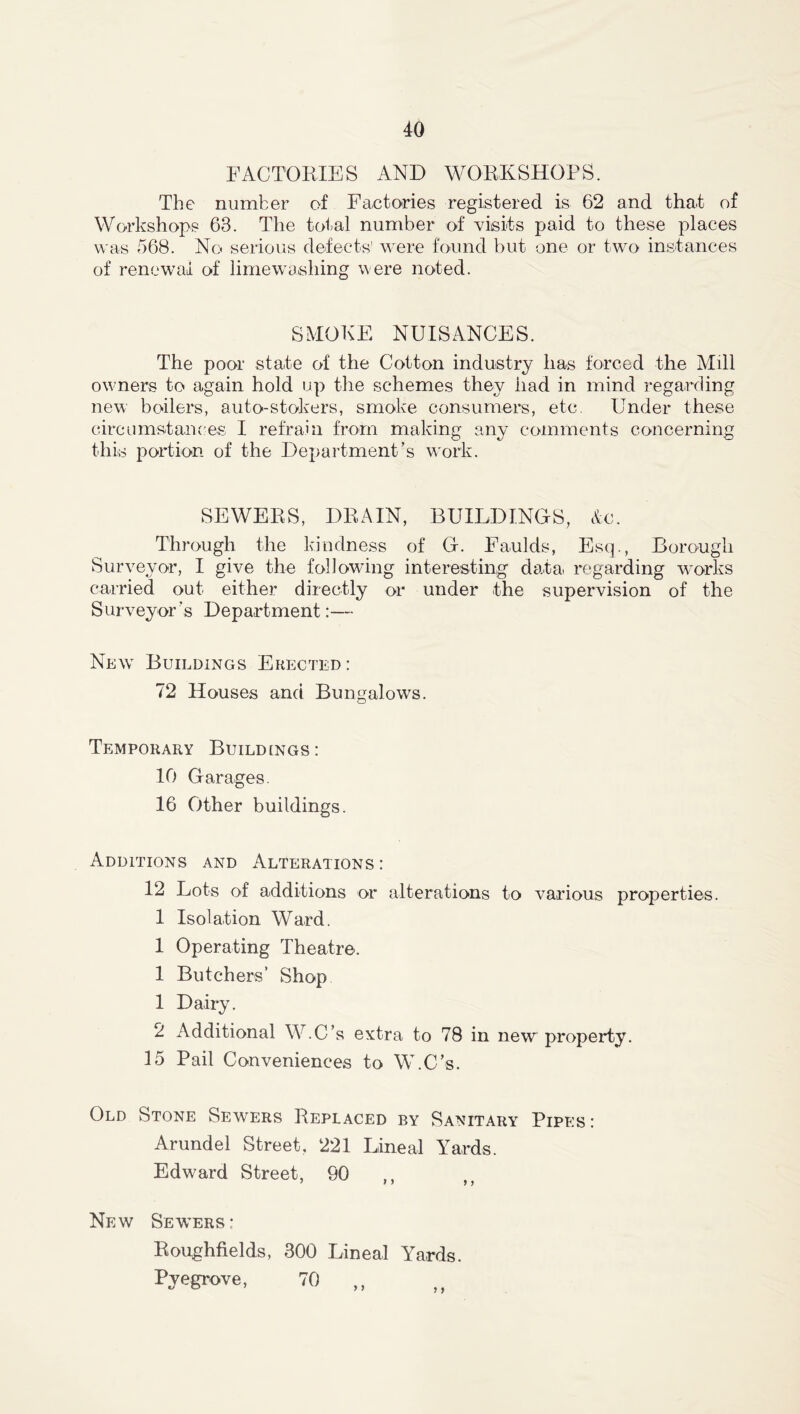 FACTORIES AND WORKSHOPS. The number of Factories registered is 62 and that of Workshops 63. The total number of visits paid to these places was 568. No serious defects' were found but one or two instances of renewal of lime washing were noted. SMOKE NUISANCES. The poor state of the Cotton industry has forced the Mill owners to again hold up the schemes they had in mind regarding new boilers, auto-stokers, smoke consumers, etc. Under these circumstances I refrain from making any comments concerning this portion of the Department’s work. SEWERS, DRAIN, BUILDINGS, Ac. Through the kindness of G. Faulds, Esq., Borough Surveyor, I give the following interesting data regarding works carried out either directly or under the supervision of the Surveyor’s Department:— New Buildings Erected: 72 Houses and Bungalows. Temporary Buildings: 10 Garages. 16 Other buildings. Additions and Alterations : 12 Lots of additions or alterations to various properties. 1 Isolation Ward. 1 Operating Theatre. 1 Butchers’ Shop 1 Dairy. 2 Additional W.C’s extra to 78 in new property. 15 Pail Conveniences to W.C’s. Old Stone Sewers Replaced by Sanitary Pipes: Arundel Street, 221 Lineal Yards. Edward Street, 90 ,, New Sewers: Roughfields, 300 Lineal Yards. Pyegrove, 70