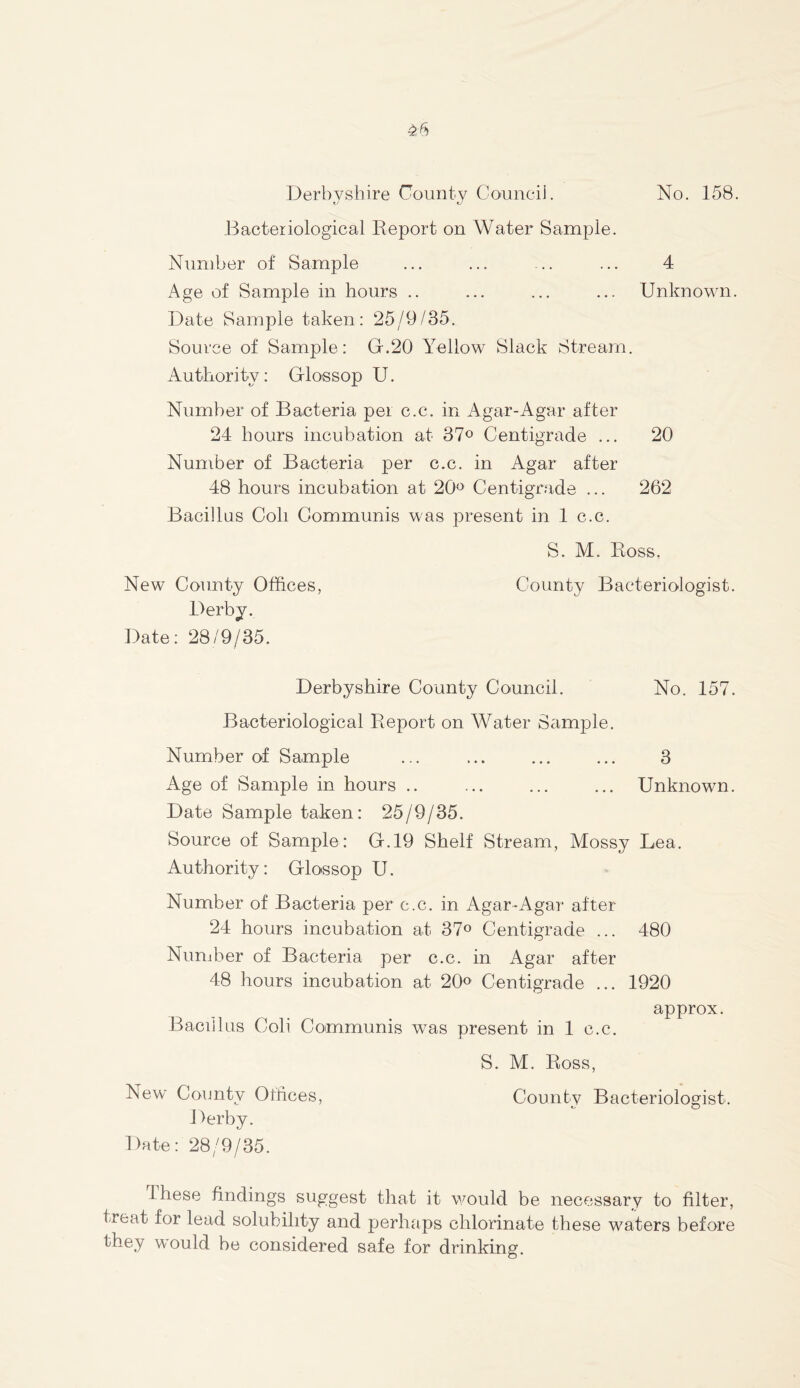 No. 158. Derbyshire County Council. Bacteriological Report on Water Sample. Number of Sample ... ... .. ... 4 Age of Sample in hours .. ... ... ... Unknown. Date Sample taken: 25/9/35. Source of Sample: G.20 Yellow Slack Stream. Authority: Glossop U. Number of Bacteria pel c.c. in Agar-Agar after 24 hours incubation at 37° Centigrade ... 20 Number of Bacteria per c.c. in Agar after 48 hours incubation at 20° Centigrade ... 262 Bacillus Coli Communis was present in 1 c.c. S. M. Ross, New County Offices, County Bacteriologist. Derby. Date: 28/9/35. Derbyshire County Council. No. 157. Bacteriological Report on Water Sample. Number of Sample ... ... ... ... 3 Age of Sample in hours .. ... ... ... Unknown. Date Sample taken: 25/9/35. Source of Sample: 0.19 Shelf Stream, Mossy Lea. Authority: Olossop U. Number of Bacteria per c.c. in Agar-Agar after 24 hours incubation at 37° Centigrade ... 480 Number of Bacteria per c.c. in Agar after 48 hours incubation at 20° Centigrade ... 1920 approx. Bacillus Coli Communis was present in 1 c.c. S. M. Ross, New County Offices, County Bacteriologist. Derby. Date: 28/9/35. 1 hese findings suggest that it would be necessary to filter, treat for lead solubility and perhaps chlorinate these waters before they would be considered safe for drinking.