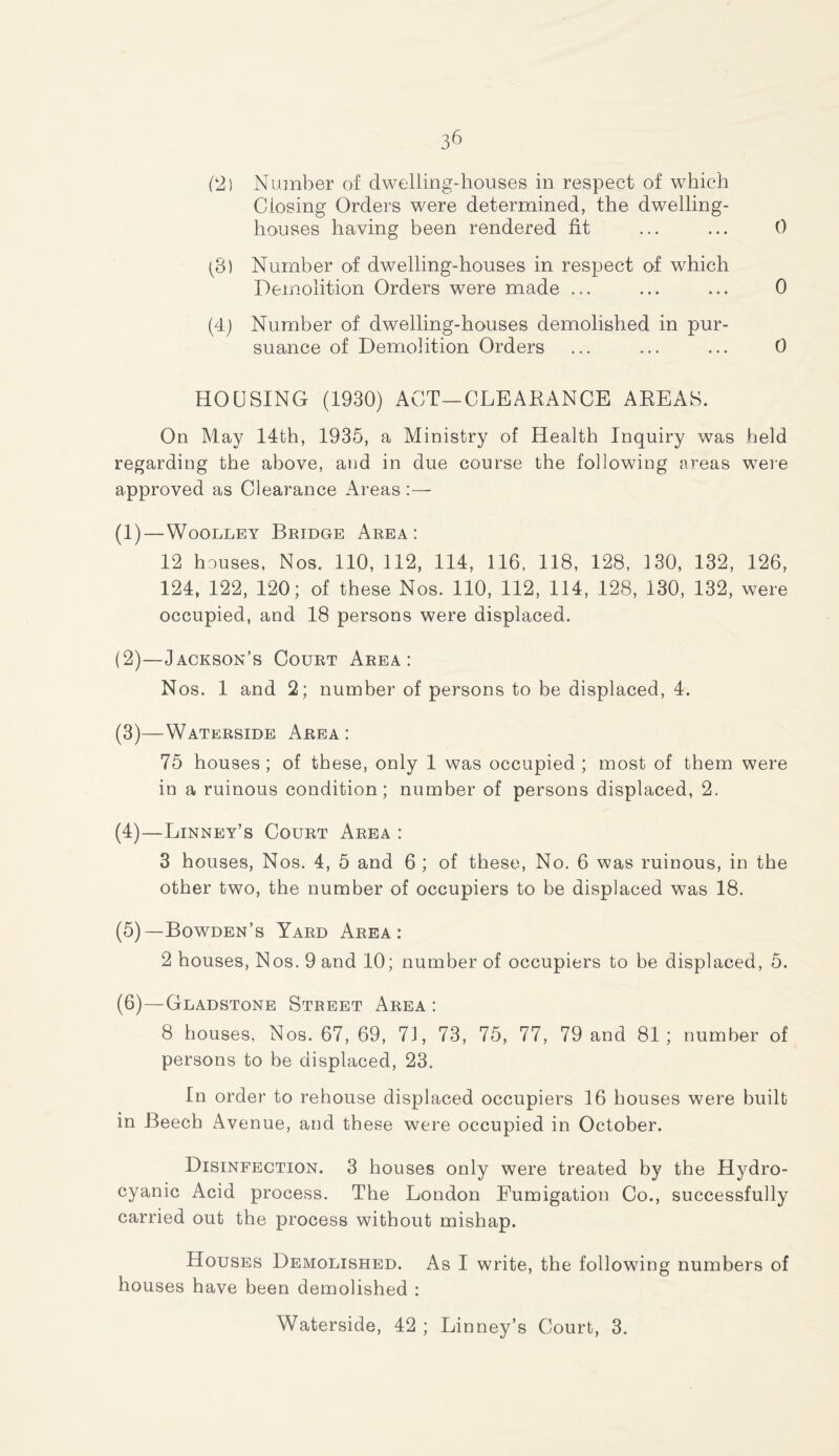 (2) Number of dwelling-houses in respect of which Closing Orders were determined, the dwelling- houses having been rendered fit ... ... 0 (8) Number of dwelling-houses in respect of which Demolition Orders were made ... ... ... 0 (4) Number of dwelling-houses demolished in pur- suance of Demolition Orders ... ... ... 0 HOUSING (1930) ACT—CLEARANCE AREAS. On May 14th, 1935, a Ministry of Health Inquiry was held regarding the above, and in due course the following areas were approved as Clearance Areas (1) —Woolley Bridge Area: 12 houses, Nos. 110,112, 114, 116, 118, 128, 130, 132, 126, 124, 122, 120; of these Nos. 110, 112, 114, 128, 130, 132, were occupied, and 18 persons were displaced. (2) —Jackson’s Court Area: Nos. 1 and 2; number of persons to be displaced, 4. (3) —Waterside Area : 75 houses; of these, only 1 was occupied ; most of them were in a ruinous condition; number of persons displaced, 2. (4) —Linney’s Court Area : 3 houses, Nos. 4, 5 and 6 ; of these, No. 6 was ruinous, in the other two, the number of occupiers to be displaced was 18. (5) —Bowden’s Yard Area: 2 houses, Nos. 9 and 10; number of occupiers to be displaced, 5. (6) —Gladstone Street Area : 8 houses, Nos. 67, 69, 71, 73, 75, 77, 79 and 81; number of persons to be displaced, 23. In order to rehouse displaced occupiers 16 houses were built in Beech Avenue, and these were occupied in October. Disinfection. 3 houses only were treated by the Hydro- cyanic Acid process. The London Fumigation Co., successfully carried out the process without mishap. Houses Demolished. As I write, the following numbers of houses have been demolished : Waterside, 42 ; Linney’s Court, 3.