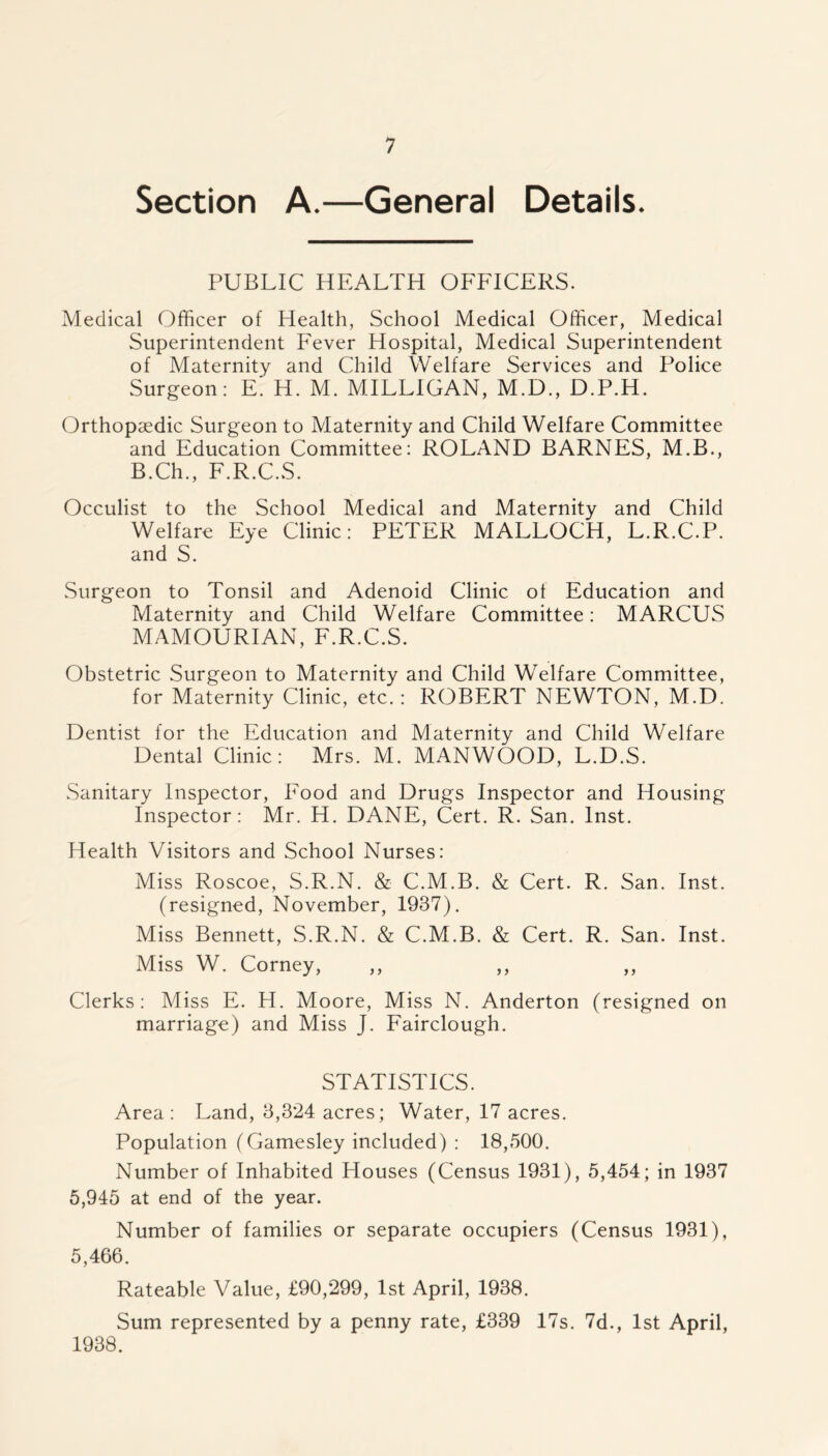 Section A.—General Details. PUBLIC HEALTH OFFICERS. Medical Officer of Health, School Medical Officer, Medical Superintendent Fever Hospital, Medical Superintendent of Maternity and Child Welfare Services and Police Surgeon: E. H. M. MILLIGAN, M.D., D.P.H. Orthopaedic Surgeon to Maternity and Child Welfare Committee and Education Committee: ROLAND BARNES, M.B., B.Ch., F.R.C.S. Occulist to the School Medical and Maternity and Child Welfare Eye Clinic: PETER MALLOCH, L.R.C.P. and S. Surgeon to Tonsil and Adenoid Clinic of Education and Maternity and Child Welfare Committee: MARCUS MAMOURIAN, F.R.C.S. Obstetric Surgeon to Maternity and Child Welfare Committee, for Maternity Clinic, etc.: ROBERT NEWTON, M.D. Dentist for the Education and Maternity and Child Welfare Dental Clinic: Mrs. M. MANWOOD, L.D.S. Sanitary Inspector, Food and Drugs Inspector and Housing Inspector: Mr. H. DANE, Cert. R. San. Inst. Health Visitors and School Nurses: Miss Roscoe, S.R.N. & C.M.B. & Cert. R. San. Inst, (resigned, November, 1937). Miss Bennett, S.R.N. & C.M.B. & Cert. R. San. Inst. Miss W. Corney, ,, ,, ,, Clerks: Miss E. H. Moore, Miss N. Anderton (resigned on marriage) and Miss J. Fairclough. STATISTICS. Area: Land, 3,324 acres; Water, 17 acres. Population (Gamesley included) : 18,500. Number of Inhabited Houses (Census 1931), 5,454; in 1937 5,945 at end of the year. Number of families or separate occupiers (Census 1931), 5,466. Rateable Value, £90,299, 1st April, 1938. Sum represented by a penny rate, £339 17s. 7d., 1st April, 1938.