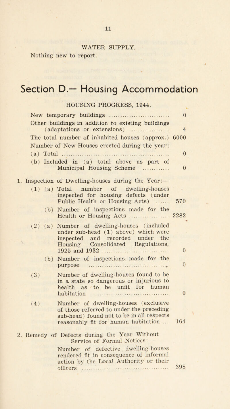 WATER SUPPLY. Nothing new to report. Section D.— Housing Accommodation HOUSING PROGRESS, 1944. New temporary buildings 0 Other buildings in addition to existing buildings (adaptations or extensions) 4 The total number of inhabited houses (approx.) 6000 Number of New Houses erected during the year: (a) Total 0 (b) Included in (a) total above as part of Municipal Housing Scheme 0 1. Inspection of Dwelling-houses during the Year:— (1) (a) Total number of dwelling-houses inspected for housing defects (under Public Health or Housing Acts) 570 (b) Number of inspections made for the Health or Housing Acts 2282 (2) (a) Number of dwelling-houses (included under sub-head (1) above) which were inspected and recorded under the Housing Consolidated Regulations, 1925 and 1932 0 (b) Number of inspections made for the purpose 0 (3) Number of dwelling-houses found to be in a state so dangerous or injurious to health as to be unfit for human habitation 0 (4) Number of dwelling-houses (exclusive of those referred to under the preceding sub-head) found not to be in all respects reasonably fit for human habitation ... 164 2. Remedy of Defects during the Year Without Service of Formal Notices:— Number of defective dwelling-houses rendered fit in consequence of informal action by the Local Authority or their officers 398