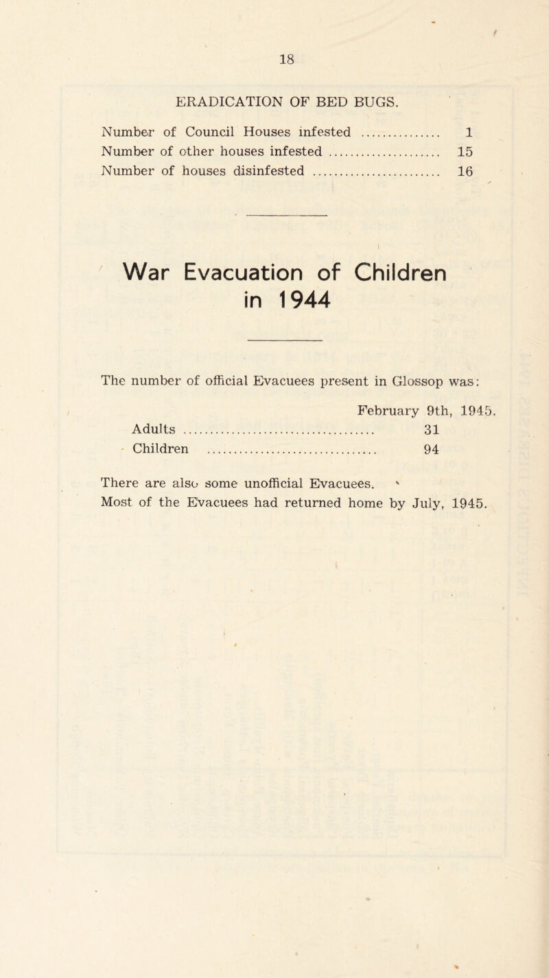 ERADICATION OF BED BUGS. Number of Council Houses infested 1 Number of other houses infested 15 Number of houses disinfested 16 War Evacuation of Children in 1944 The number of official Evacuees present in Glossop was: February 9th, 1945. Adults 31 • Children 94 There are also some unofficial Evacuees. ' Most of the EVacuees had returned home by July, 1945.