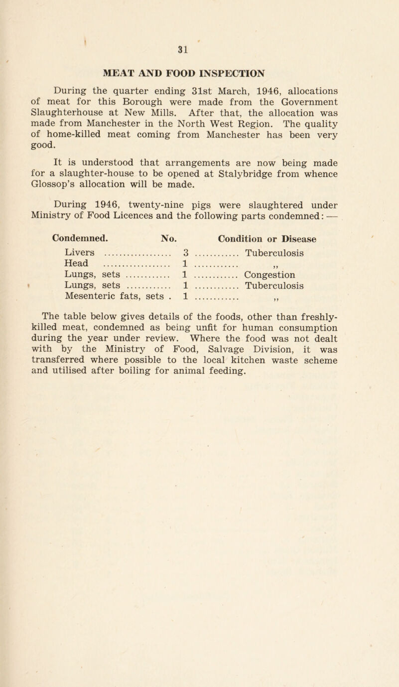 MEAT AND FOOD INSPECTION During the quarter ending 31st March, 1946, allocations of meat for this Borough were made from the Government Slaughterhouse at New Mills. After that, the allocation was made from Manchester in the North West Region. The quality of home-killed meat coming from Manchester has been very good. It is understood that arrangements are now being made for a slaughter-house to be opened at Stalybridge from whence Glossop’s allocation will be made. During 1946, twenty-nine pigs were slaughtered under Ministry of Food Licences and the following parts condemned: — Condemned. No. Condition or Disease Livers 3 Tuberculosis Head 1 ,, Lungs, sets 1 Congestion Lungs, sets 1 Tuberculosis Mesenteric fats, sets . 1 ,, The table below gives details of the foods, other than freshly- killed meat, condemned as being unfit for human consumption during the year under review. Where the food was not dealt with by the Ministry of Food, Salvage Division, it was transferred where possible to the local kitchen waste scheme and utilised after boiling for animal feeding.