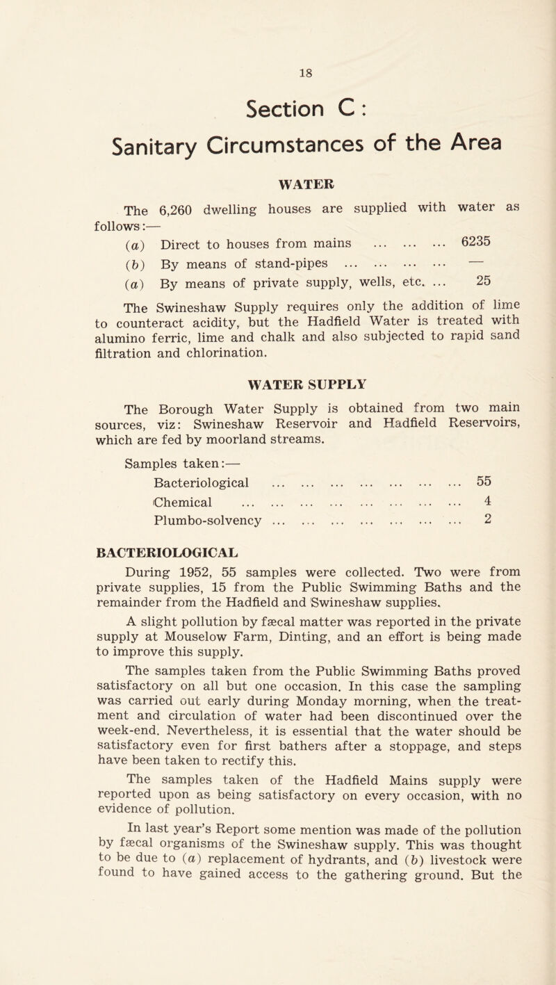 Section C: Sanitary Circumstances of the Area WATER The 6,260 dwelling houses are supplied with water as follows:— (a) Direct to houses from mains 6235 (b) By means of stand-pipes — (a) By means of private supply, wells, etc. ... 25 The Swineshaw Supply requires only the addition of lime to counteract acidity, but the Hadfield Water is treated with alumino ferric, lime and chalk and also subjected to rapid sand filtration and chlorination. WATER SUPPLY The Borough Water Supply is obtained from two main sources, viz: Swineshaw Reservoir and Hadfield Reservoirs, which are fed by moorland streams. Samples taken:— Bacteriological 55 Chemical .. 4 Plumbo-solvency ... 2 BACTERIOLOGICAL During 1952, 55 samples were collected. Two were from private supplies, 15 from the Public Swimming Baths and the remainder from the Hadfield and Swineshaw supplies. A slight pollution by faecal matter was reported in the private supply at Mouselow Farm, Dinting, and an effort is being made to improve this supply. The samples taken from the Public Swimming Baths proved satisfactory on all but one occasion. In this case the sampling was carried out early during Monday morning, when the treat- ment and circulation of water had been discontinued over the week-end. Nevertheless, it is essential that the water should be satisfactory even for first bathers after a stoppage, and steps have been taken to rectify this. The samples taken of the Hadfield Mains supply were reported upon as being satisfactory on every occasion, with no evidence of pollution. In last year’s Report some mention was made of the pollution by fsecal organisms of the Swineshaw supply. This was thought to be due to (a) replacement of hydrants, and (b) livestock were found to have gained access to the gathering ground. But the