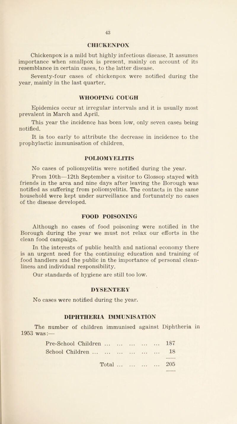 CHICKENPOX Chickenpox is a mild but highly infectious disease. It assumes importance when smallpox is present, mainly on account of its resemblance in certain cases, to the latter disease. Seventy-four cases of chickenpox were notified during the year, mainly in the last quarter. WHOOPING COUGH Epidemics occur at irregular intervals and it is usually most prevalent in March and April. This year the incidence has been low, only seven cases being notified. It is too early to attribute the decrease in incidence to the prophylactic immunisation of children. POLIOMYELITIS No cases of poliomyelitis were notified during the year. From 10th—12th September a visitor to Glossop stayed with friends in the area and nine days after leaving the Borough was notified as suffering from poliomyelitis. The contacts in the same household were kept under surveillance and fortunately no cases of the disease developed. FOOD POISONING Although no cases of food poisoning were notified in the Borough during the year we must not relax our efforts in the clean food campaign. In the interests of public health and national economy there is an urgent need for the continuing education and training of food handlers and the public in the importance of personal clean- liness and individual responsibility. Our standards of hygiene are still too low. DYSENTERY No cases were notified during the year. DIPHTHERIA IMMUNISATION The number of children immunised against Diphtheria in 1953 was:— Pre-School Children ... School Children 187 18 Total ... 205