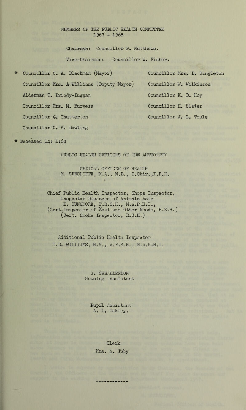 MEMBERS OP THE PUBLIC HEALTH COMl'GTTEE 1967 - 1968 Chairman; Councillor P. Matthews. Vice-Chairman; Councillor ¥. Fisher. * Councillor C. A, Blackman (Mayor) Councillor Mrs« A,Williams (Deputy Mayor) Alderman T. Briody-Duggan Councillor Mrs, M. Burgess Councillor G. Chatterton Councillor C. S. Dowling Councillor Councillor Councillor Councillor Councillor * Deceased I4! 1;68 PUBLIC HEALTH OFFICERS OF THE AUIHORITY klEDICilL OFFICER OP HEALTH M. SURCLIPPE, M.A., M.B., B.Chir,,D.P.H. Chief Public Health Inspector, Shops Inspector, Inspector Diseases of Animals Acts E. DUHSMORS, P.R.S.H., M.A.P.H.I., (Cert.Inspector of Meat and Other Poods, R.S.H, (Cert, Smoke Inspector, R.S.H.) Additional Public Health Inspector T.D. WILLIAMS, M.M., A.R.S.H., M.A.P.H.I. J. OSBALDESTON Housing Assistant Pupil Assistant A. L. Oakley. Mrs, D, Singleton W. Wilkinson K. D. Hoy H. Slater J. L, Toole Clerk Mrs, A. Juby