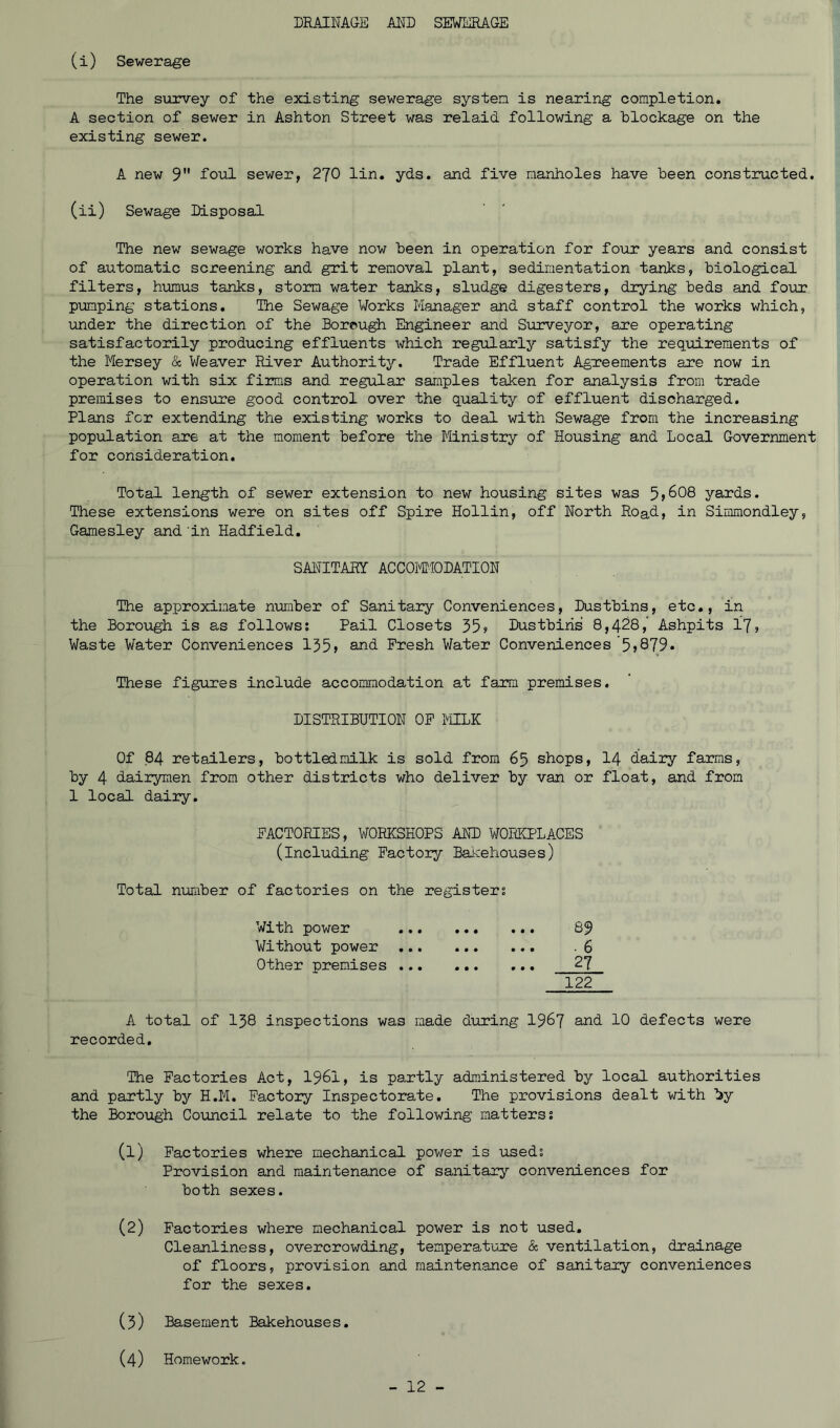 DRAINAGE A1\D SEWERAGE (i) Sewerage The sxrrvey of the existing sewerage systen is nearing completion. A section of sewer in Ashton Street was relaid following a hlockage on the existing sewer. A new 9 foiil sewer, 270 lin. yds. and five manholes have been constructed. (ii) Sewage Disposal The new sewage works have now been in operation for four years and consist of automatic screening and grit removal plant, sedimentation tanks, biological filters, humus tanks, stoimi water tanks, sludge digesters, drying beds and four pumping stations. The Sewage Works Manager and staff control the works which, \inder the direction of the Borough Engineer and Surveyor, are operating satisfactorily producing effluents which regularly satisfy the requirements of the Mersey & V/eaver River Authority. Trade Effluent Agreements are now in operation with six firms and regular samples taken for analysis from trade premises to ens\ire good control over the quality of effluent discharged. Plans for extending the existing works to deal with Sewage from the increasing population are at the moment before the Ministry of Housing and Local Government for consideration. Total length of sewer extension to new housing sites was 5j608 yards. These extensions were on sites off Spire Hollin, off North Road, in Simmondley, Gamesley and in Hadfield. SANITARY ACCOWDATION The approximate number of Sanitary Conveniences, Dustbins, etc., in the Borough is as follows; Pail Closets 559 Dustbins 8,428, Ashpits 17» Waste Water Conveniences 135> and Fresh Water Conveniences 5j879. These figures include accommodation at farm premises. DISTRIBUTION OP MILK Of 84 retailers, bottledmilk is sold from 65 shops, I4 dairy farms, by 4 dairymen from other districts who deliver by van or float, and from 1 local dairy. xh4CT0RIES, WORKSHOPS AND WORKPLACES (including Factory Baiiehouses) Total number of factories on the registers With power • • • • • • 89 Without power • • • • • • ■ 6 Other premises ... • • • • • • 27 122 A total of 138 inspections was made dirring 19^7 and 10 defects were recorded. The Factories Act, I96I, is partly administered by local authorities and partly by H.M. Factory Inspectorate. The provisions dealt with by the Borough Coimcil relate to the following matters! (1) Factories where mechanical power is used; Provision and maintenance of sanitary conveniences for both sexes. (2) Factories where mechanical power is not used. Cleanliness, overcrowding, temperature & ventilation, drainage of floors, provision and maintenance of sanitary conveniences for the sexes. (3) Basement Bakehouses. (4) Homework.
