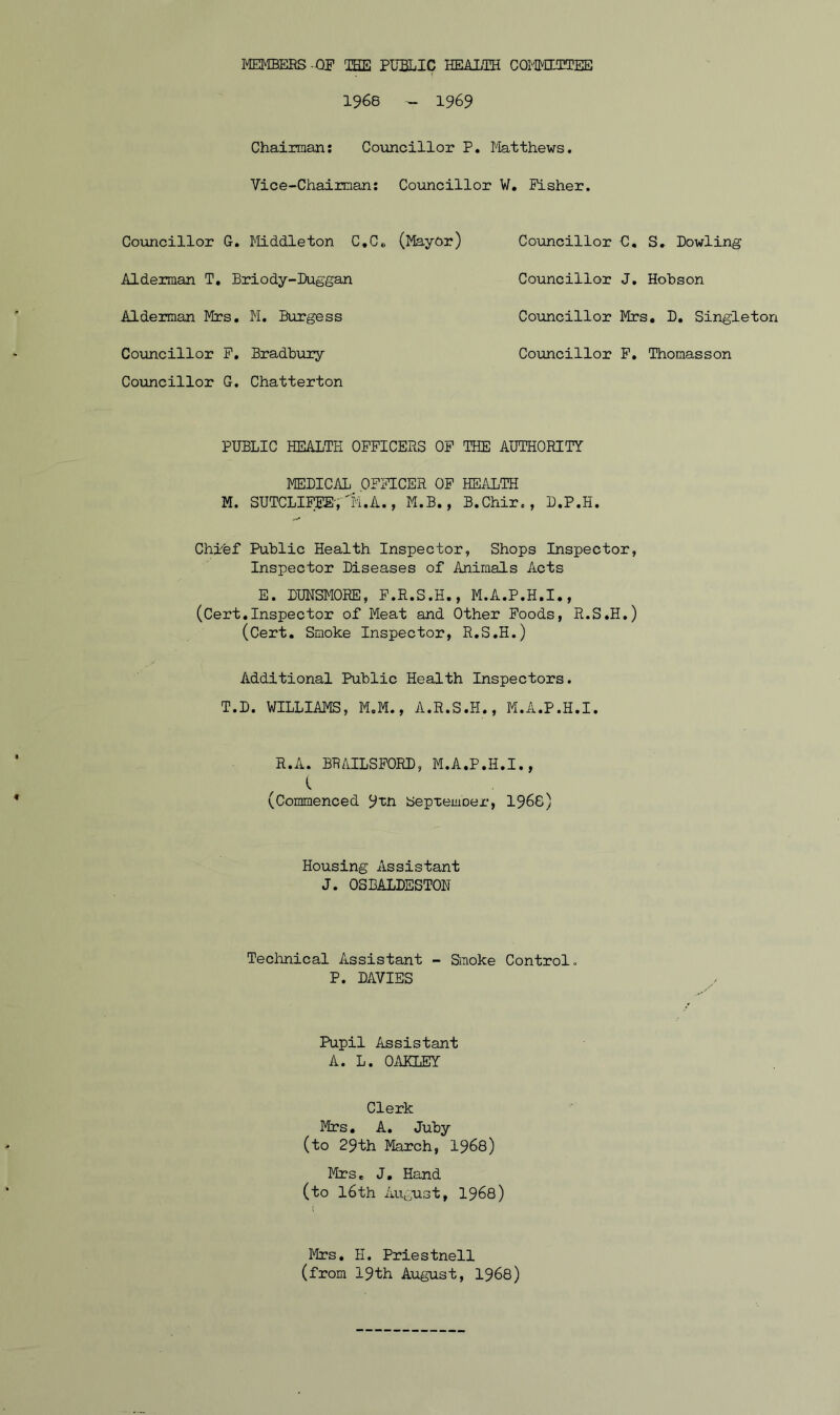 1968 - 1969 Chairman: Councillor P. Matthews. Vice-Chairman: Councillor W. Fisher. Councillor G. Middleton C.C„ (Maydr) Alderman T. Briody-Duggan Alderman Mrs. M. Burgess Councillor F. Bradbury Councillor G. Chatterton Councillor C. S. Dowling Councillor J. Hobson Councillor Mrs. D. Singleton Councillor F. Thomasson PUBLIC HEALTH OFFICERS OF THE AUTHORITY MEDICAL OFFICER OF HEALTH M. SUTCLIFFE', 'll.A., M.B., B.Chir., D.P.H. Chief Public Health Inspector, Shops Inspector, Inspector Diseases of Animals Acts E. DUNSMORE, F.R.S.H., M.A.P.H.I., (Cert.Inspector of Meat and Other Foods, R.S.H.) (Cert. Smoke Inspector, R.S.H.) Additional Public Health Inspectors. T.D. WILLIAMS, M.M., A.R.S.H., M.A.P.H.I. R.A. BRAILSFORD, M.A.P.H.I., I (Commenced 9tn SepxewDer, 1966) Housing Assistant J. OSBALDSSTOU Technical Assistant - Smoke Control» P. DAVIES Pupil Assistant A. L. OAKLEY Clerk Mrs. A. Juby (to 29th March, 1968) Mrs. J. Hand (to 16th August, 1968) Mrs. II. Priestnell (from 19th August, 1968)