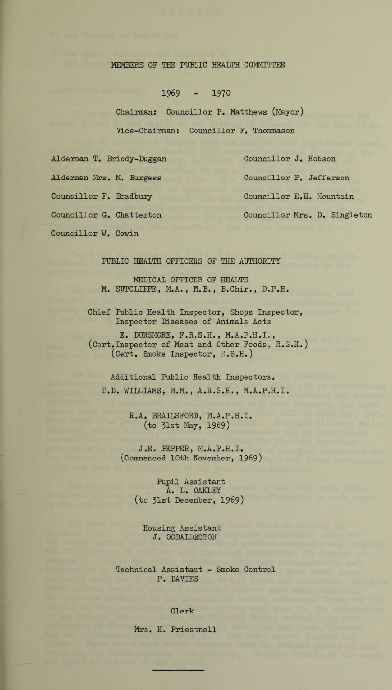 MEMBERS OF THE PUBLIC HEALTH COMMITTEE 1969 - 1970 Chairman: Councillor P. Matthews (Mayor) Vice-Chairman: Councillor F. Thommason Alderman T. Alderman Mrs Councillor F. Councillor G. Councillor W. Briody-Duggan M. Burgess Bradbury Chatterton Co win Councillor J. Hobson Councillor P. Jefferson Councillor E.H. Mountain Councillor Mrs. D. Singleton PUBLIC HEALTH OFFICERS OF THE AUTHORITY MEDICAL OFFICER OF HEALTH M. SUTCLIFFE, M.A., M.B., B.Chir., D.P.H. Chief Public Health Inspector, Shops Inspector, Inspector Diseases of Animals Acts E. DUNSMORE, F.R.S.H., M.A.P.H.I., (Cert.Inspector of Meat and Other Foods, R.S.H.) (Cert. Smoke Inspector, R.S.H.) Additional Public Health Inspectors. T.D. WILLIAMS, M.M., A.R.S.H., M.A.P.H.I. R.A. BRAILSFORD, M.A.P.H.I. (to 31st May, 1969) J.E. PEPPER, M.A.P.H.I. (Commenced 10th November, 1969) Pupil Assistant A. L. OAKLEY (to 31st December, 1969) Housing Assistant J. OSBALDESTON Technical Assistant - Smoke Control P. DAVIES Clerk Mrs. H. Priestnell