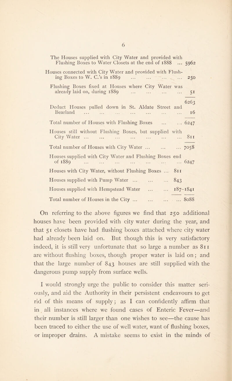 The Houses supplied with City Water and provided with Flushing Boxes to Water Closets at the end of 1888 ... 5962 Houses connected with City Water and provided with Flush- ing Boxes to W. C.’s in 1889 ... ... ... ... 250 Flushing Boxes fixed at Houses where City Water was already laid on, during 1889 ... ... ... ... 51 6263 Deduct Houses pulled down in St. Aldate Street and Bearland ... ... ... ... ... ... ... 16 Total number of Houses with Flushing Boxes ... ... 6247 Houses still without Flushing Boxes, but supplied with City Water ... ... ... ... ... ... ... 811 Total number of Houses with City Water ... ... ... 7058 Houses supplied with City Water and Flushing Boxes end of 1889 6247 Houses with City Water, without Flushing Boxes ... 811 Houses supplied with Pump Water ... ... ... 843 Houses supplied with Hempstead Water ... ... 187-1841 Total number of Houses in the City ... ... 8088 On referring to the above figures we find that 250 additional houses have been provided with city water during the year, and that 51 closets have had flushing boxes attached where city water had already been laid on. But though this is very satisfactory indeed, it is still very unfortunate that so large a number as 811 are without flushing boxes, though proper water is laid on; and that the large number of 843 houses are still supplied with the dangerous pump supply from surface wells. I would strongly urge the public to consider this matter seri- ously, and aid the Authority in their persistent endeavours to get rid of this means of supply; as I can confidently affirm that in all instances where we found cases of Enteric Fever—and their number is still larger than one wishes to see—the cause has been traced to either the use of well water, want of flushing boxes, or improper drains. A mistake seems to exist in the minds of