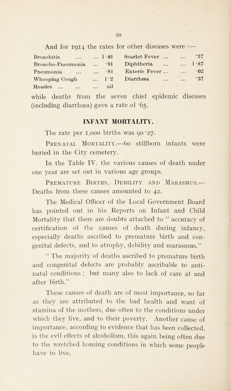 And for 1914 the rates for other diseases were :— *37 1-87 02 *37 1*46 Scarlet Fever ... •81 Diphtheria •81 Enteric Fever ... 1*2 Diarrhoea nil Bronchitis Broncho-Pneumonia Pneumonia Whooping Cough Measles while deaths from the seven chief epidemic diseases (including diarrhoea) gave a rate of ’65. INFANT MORTALITY The rate per 1,000 births was 90*27. Prenatal Mortality.—60 stillborn infants were buried in the City cemetery. In the Table IV. the various causes of death under one year are set out in various age groups. Premature Births, Debility and Marasmus.— Deaths from these causes amounted to 42. The Medical Officer of the Local Government Board has pointed out in his Reports on Infant and Child Mortality that there are doubts attached to “ accuracy of certification of the causes of death during infancy, especially deaths ascribed to premature birth and con- genital defects, and to atrophy, debility and marasmus.” “ The majority of deaths ascribed to premature birth and congenital defects are probably ascribable to anti- natal conditions ; but many also to lack of care at and after birth.” These causes of death are of most importance, so far as they are attributed to the bad health and want of stamina of the mothers, due often to the conditions under which they live, and to their poverty. Another cause of importance, according to evidence that has been collected, is the evil effects of alcoholism, this again being often due to the wretched housing conditions in which some people have to live.
