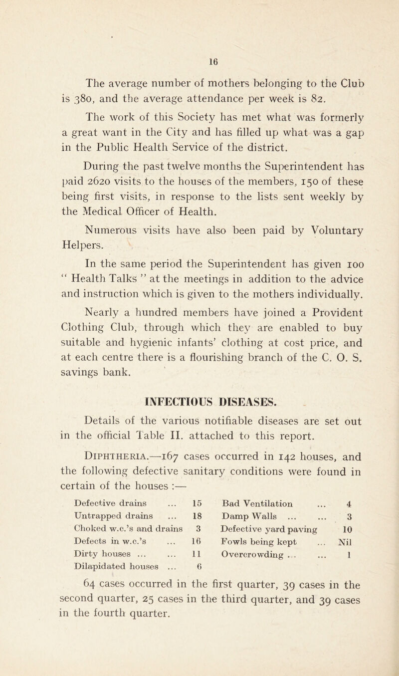 The average number of mothers belonging to the Club is 380, and the average attendance per week is 82. The work of this Society has met what was formerly a great want in the City and has filled up what was a gap in the Public Health Service of the district. During the past twelve months the Superintendent has paid 2620 visits to the houses of the members, 150 of these being first visits, in response to the lists sent weekly by the Medical Officer of Health. Numerous visits have also been paid by Voluntary Helpers. In the same period the Superintendent has given 100 “ Health Talks ” at the meetings in addition to the advice and instruction which is given to the mothers individually. Nearly a hundred members have joined a Provident Clothing Club, through which they are enabled to buy suitable and hygienic infants’ clothing at cost price, and at each centre there is a flourishing branch of the C. O. S. savings bank. INFECTIOUS DISEASES. Details of the various notifiable diseases are set out in the official Table II. attached to this report. Diphtheria.—167 cases occurred in 142 houses, and the following defective sanitary conditions were found in certain of the houses :— Defective drains 15 Bad Ventilation 4 Untrapped drains 18 Damp Walls 3 Choked w.c.’s and drains 3 Defective yard paving 10 Defects in w.c.’s 16 Fowls being kept Nil Dirty houses ... 11 Overcrowding . . 1 Dilapidated houses ... 6 64 cases occurred in the first quarter, 39 cases in the second quarter, 25 cases in the third quarter, and 39 cases in the fourth quarter.